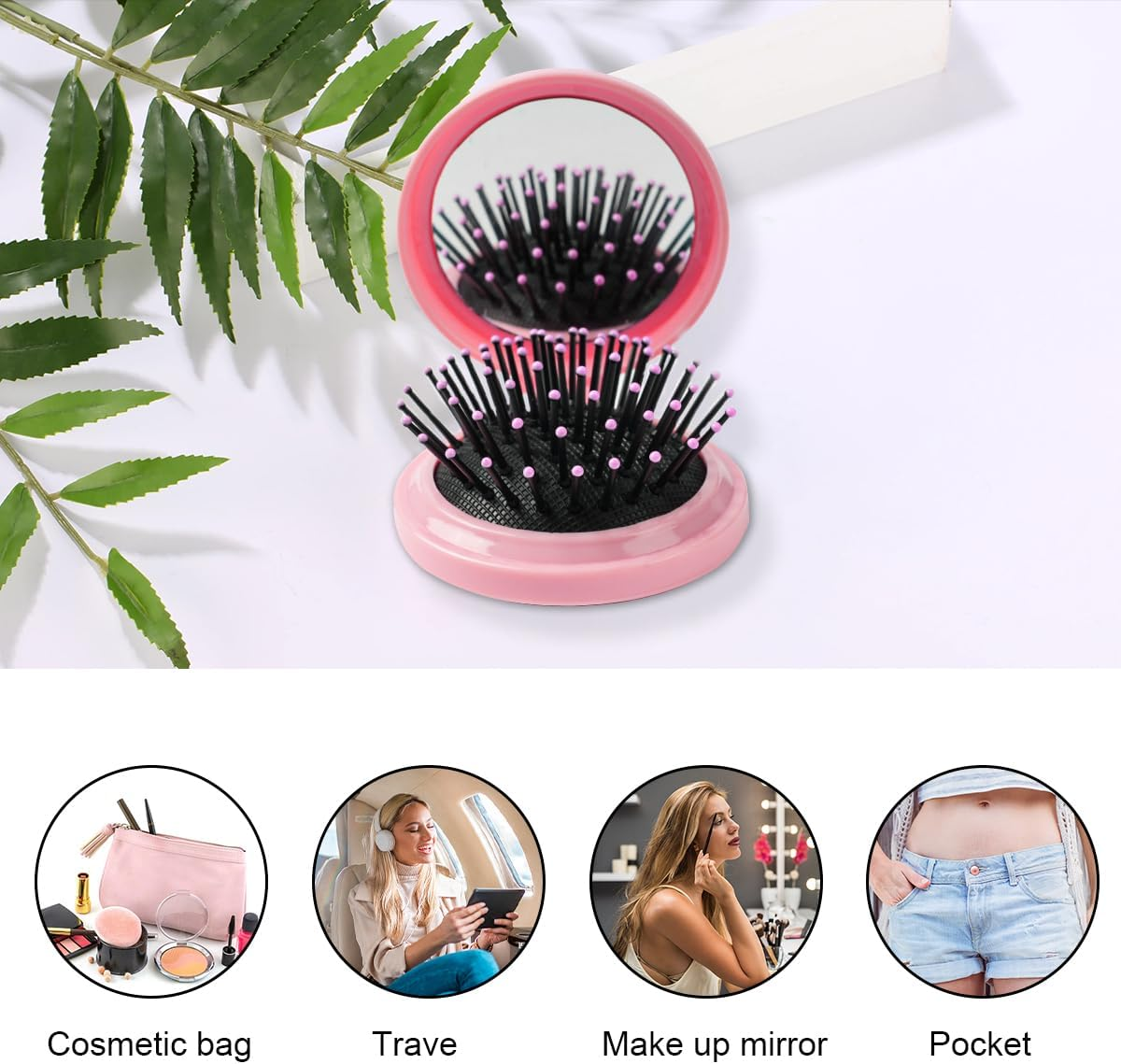 2 Pieces Folding Travel Mirror Hair Brushes, Pocket Hair Comb, Hair Brush with Mirror, round Mini Hair Brush for Women and Girls (Pink) - Black image number 6