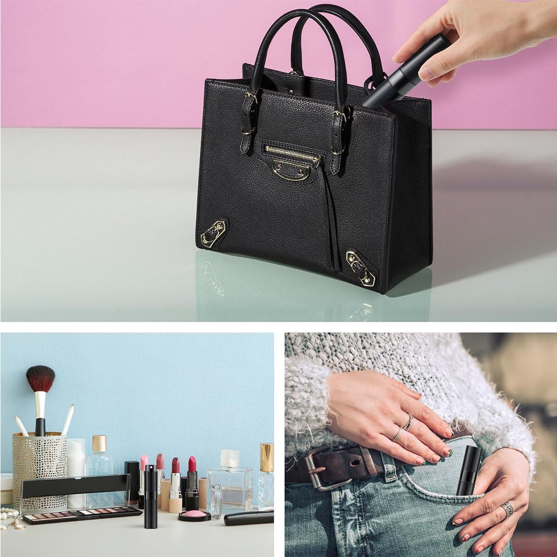 8ML Atomizer Perfume Spray Bottle, 3 Pack Refillable Mini Perfume Atomizer Empty Spray Bottle for Travel, Portable Leakproof Scent Pump Case for Men and Women(Black, Silver, Pink) image number 2