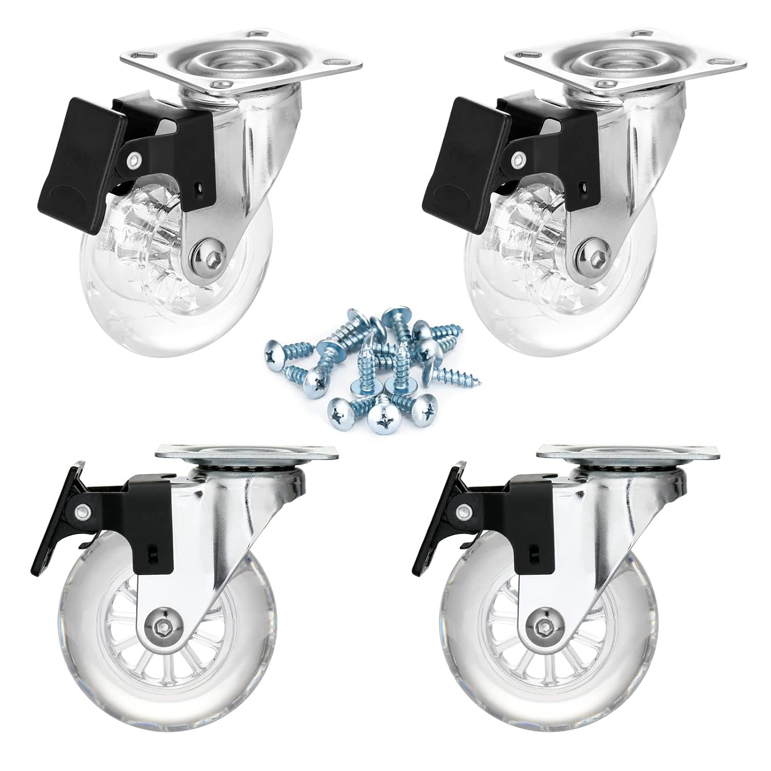 Clear Caster Wheels 75 Mm Casters Set of 4 Heavy Duty, Locking Industrial Casters with 360 Degree No Noise Transparent Polyurethane Wheels, Swivel Plate Casters with Brake - Pack of 4