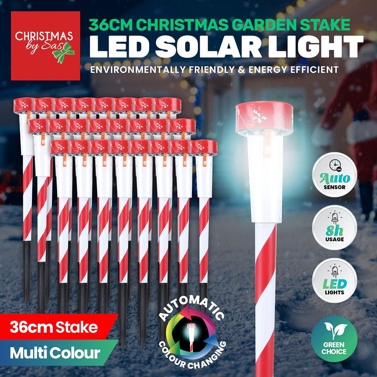 CHRISTMAS by SAS - 24Pcs Garden Stake LED Solar Light, Automatically Cycles through Colours, Red, Blue, Green, Yellow, Light Blue, Purple, Pink, 36Cm Striped Red & White, Outdoor Christmas Decor image number 5
