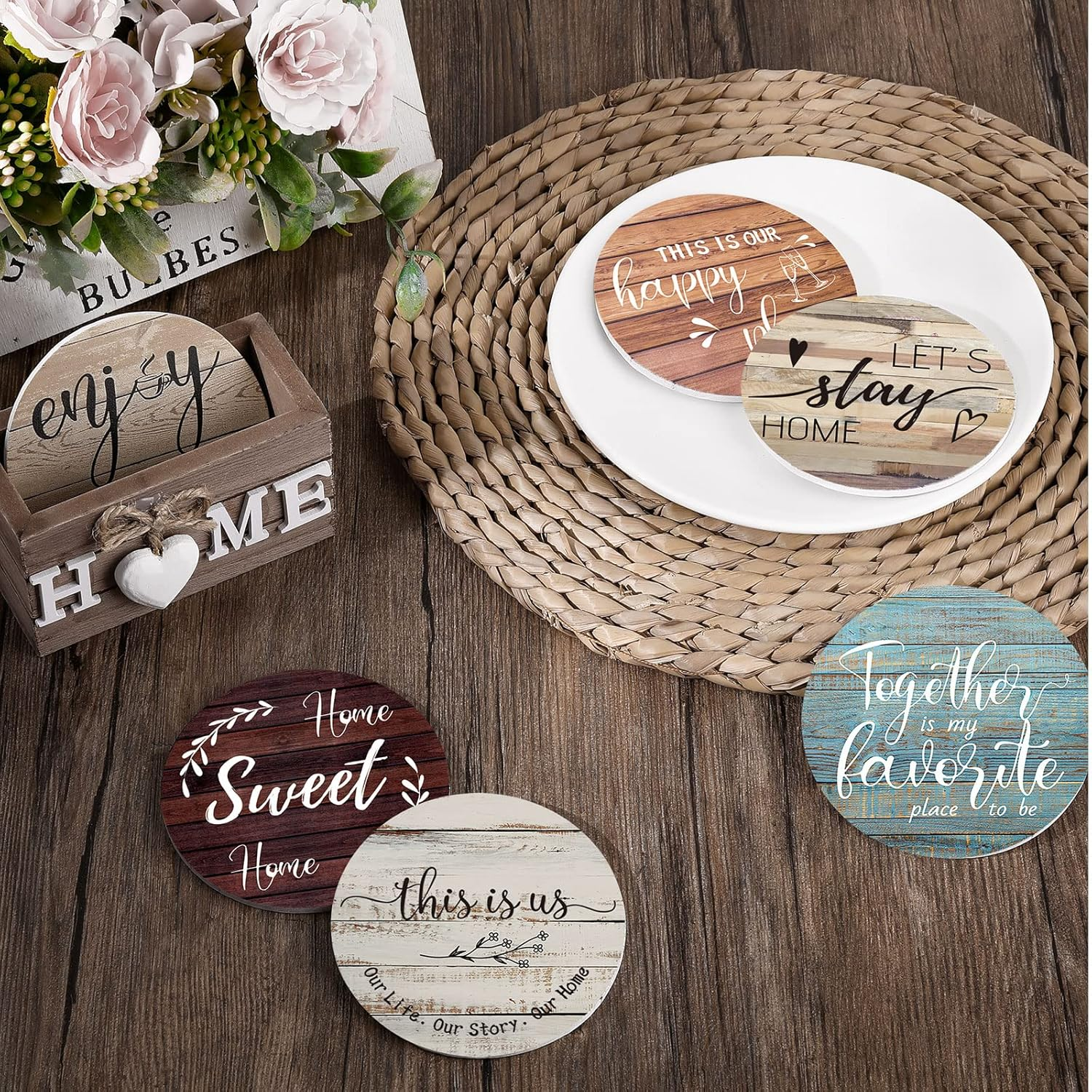 Queekay Housewarming Gifts for Home Decoration Wooden Heart Coasters Drinks Set of 6 Farmhouse with Holder Funny Family Friend Coffee Table Protection, 4 Inch (Brown) (Bd-Queekay-272681) image number 2
