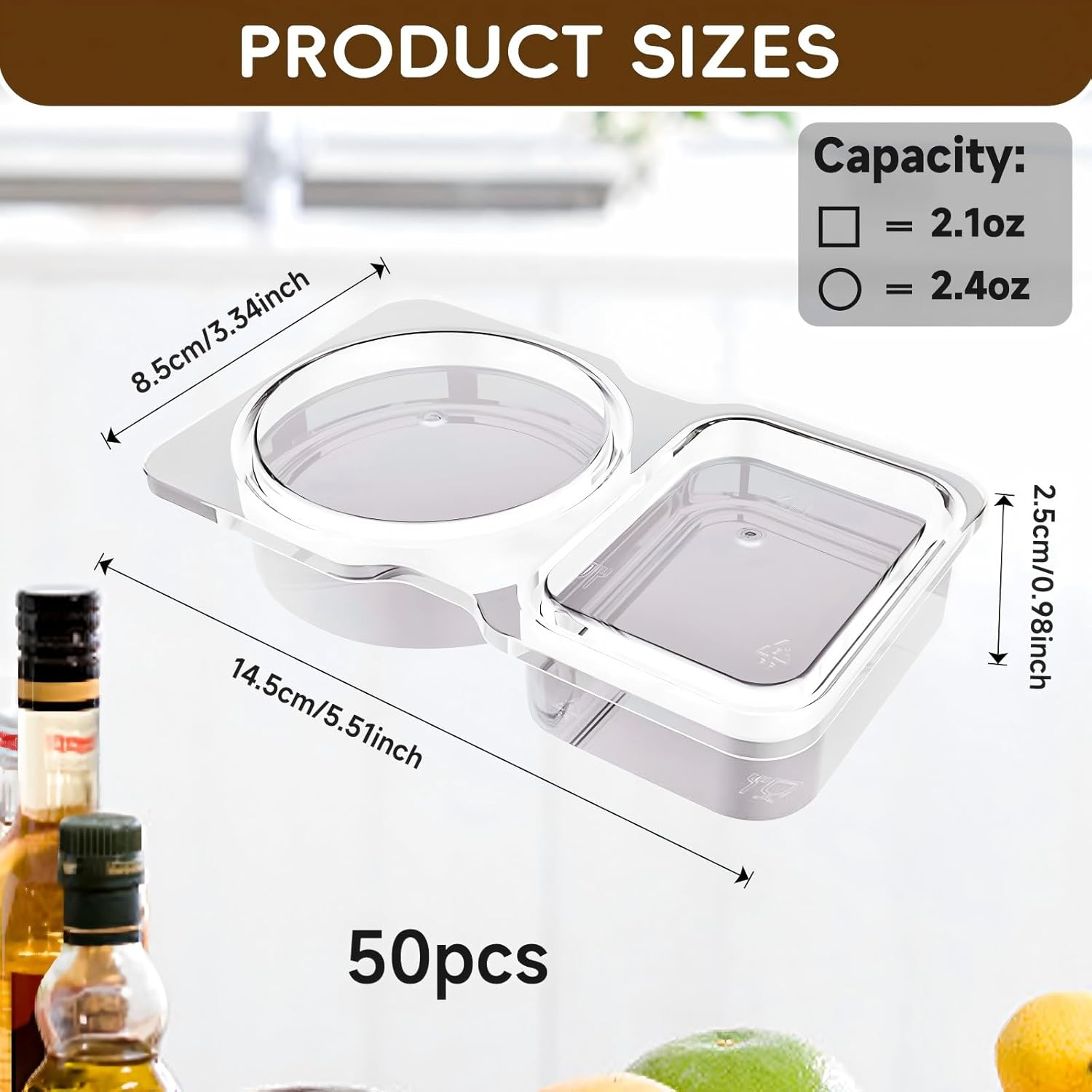 50 Pack Reusable Snack Containers with Lids 2 Compartments, Snack Pack Container Multipurpose Leak-Proof, Double Compartment Condiment Sauce Containers for To-Go Sauce, Sampling, Travel Snack image number 2