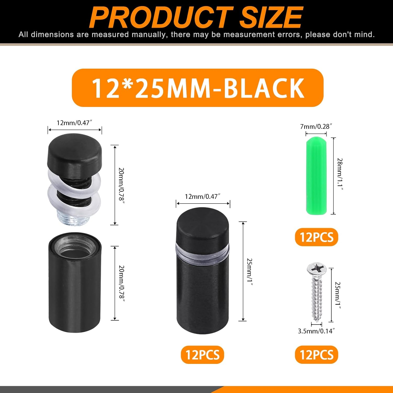 12 Sets 1/2" X 1" Black Stainless Steel Standoff Screws Advertising Mounting Hardware Wall Mount Glass Standoff Holder for Hanging Acrylic Signs Glass Panel Advertising (12Mm Dia. X 25Mm L.) image number 5