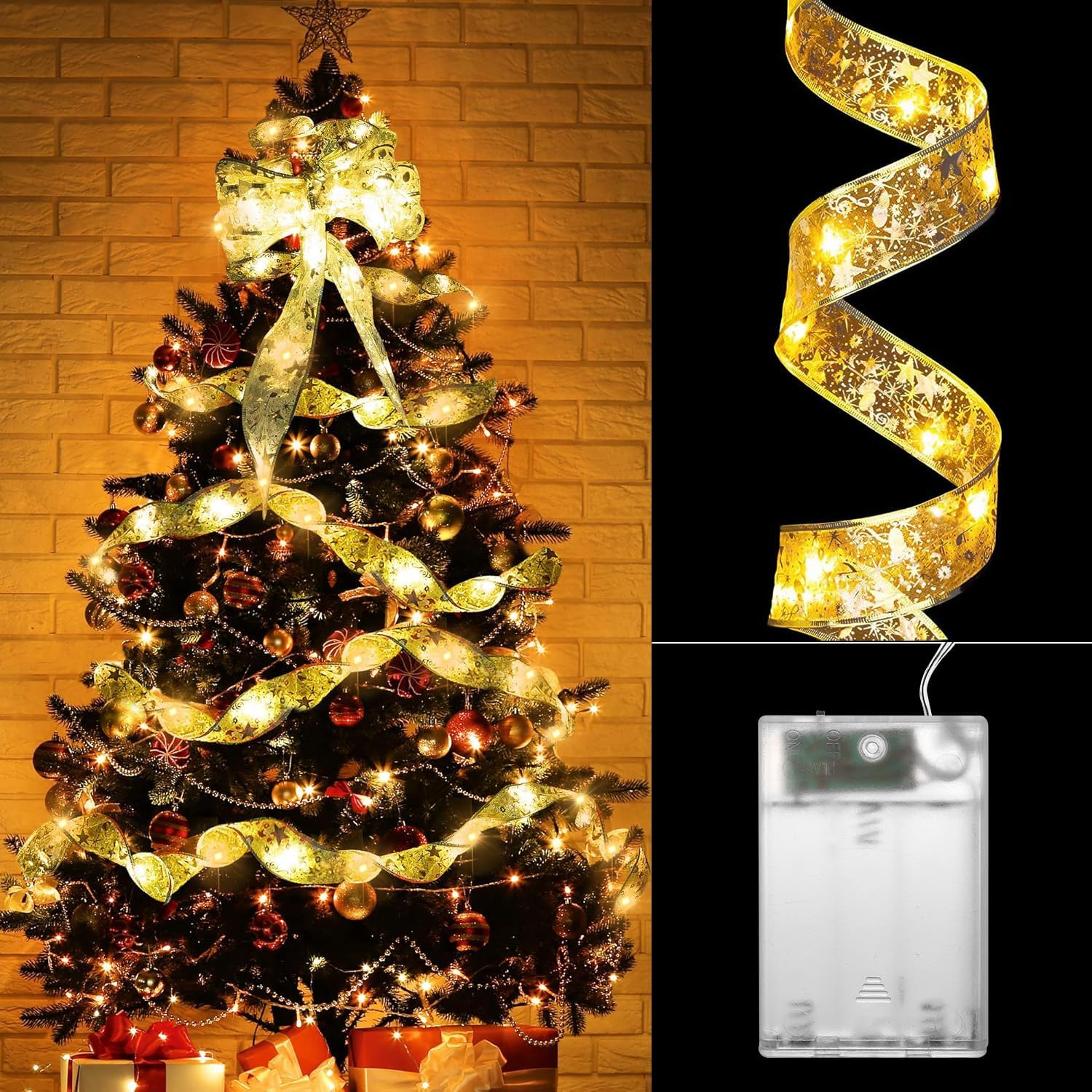 Christmas Tree Lights 10 M/32.8Ft 100 LED Fairy String Lights Battery Operated Copper Wire Ribbon Bows Light for Party Wedding Holiday Indoor Outdoor Decorations (Silver)