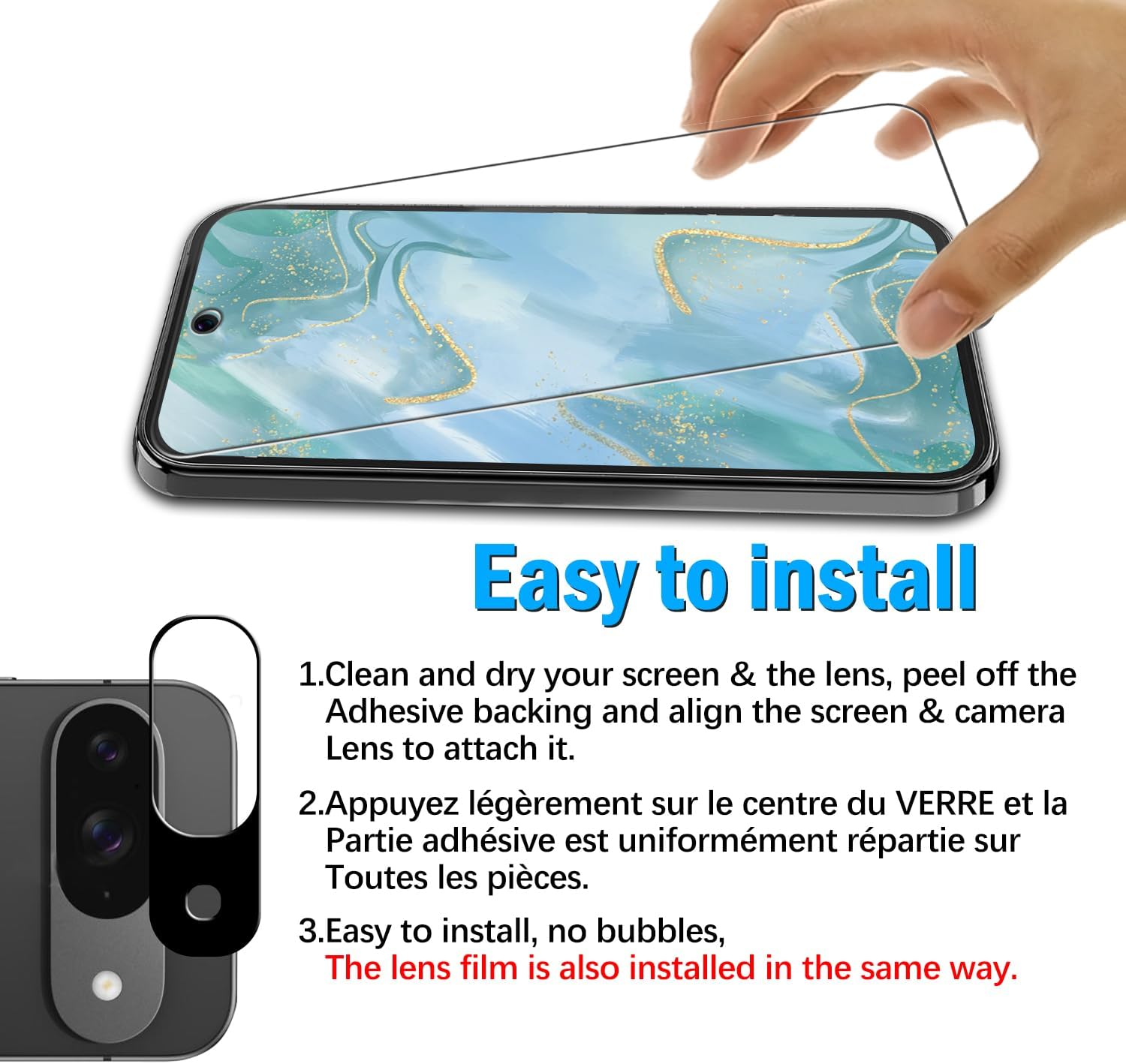 Slanku [3+3 Pack] Screen Protector for Google Pixel 9 and Camera Lens Protector, Fingerprint Compatible, 9H Tempered Glass Film, anti Scratch, No Bubbles image number 5