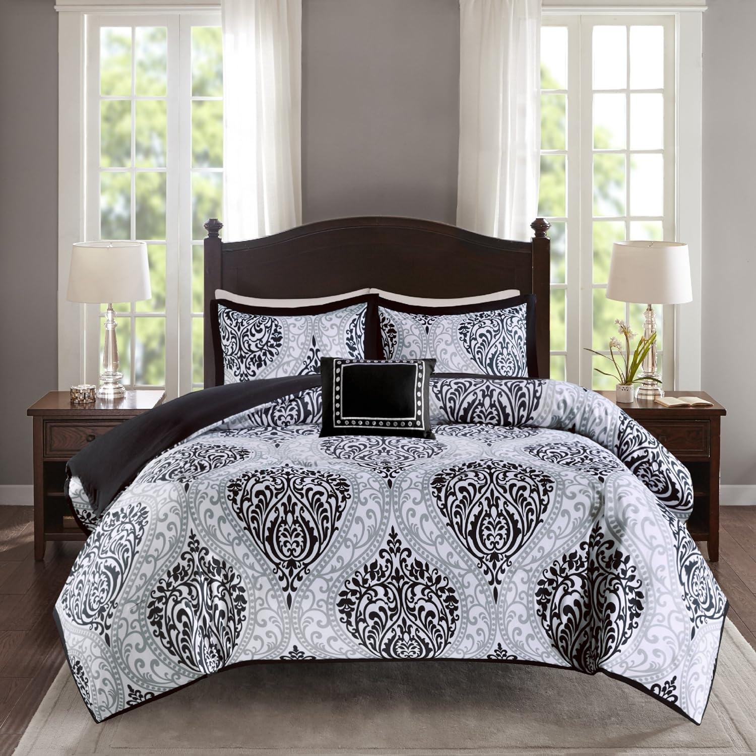 Comfort Spaces CS10-0676 Comforter Set Ultra Soft Printed Pattern Hypoallergenic Bedding, Twin/Twin Xl(66"X90"), Coco Black/White Damask
