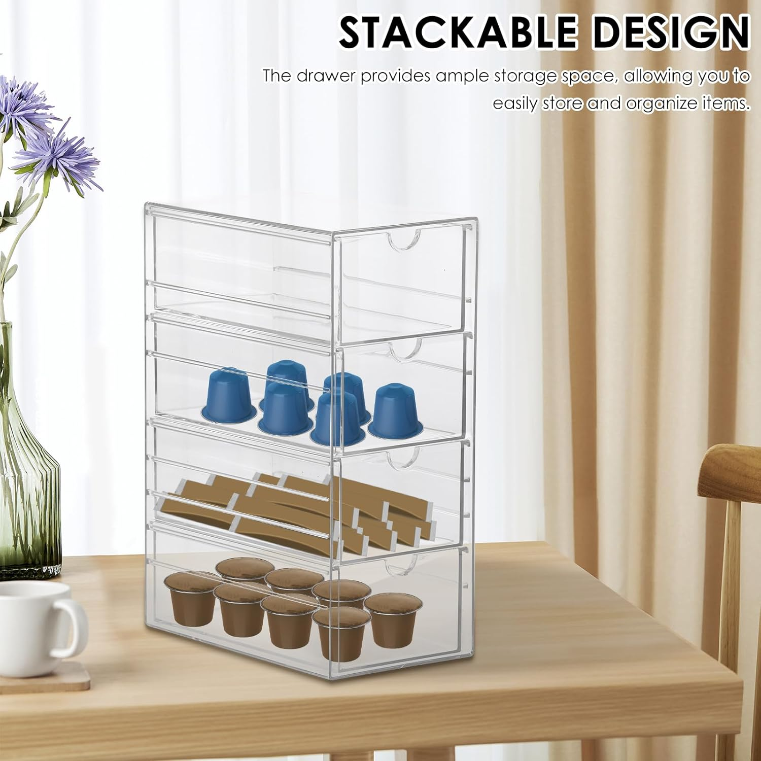 Clear Tea Bag Organizer Drawer, Tea Bag Organiser & Storage Box Stackable Storage Holder 4 Drawers Large Capacity Storage Drawer for Countertop Cabinet image number 1