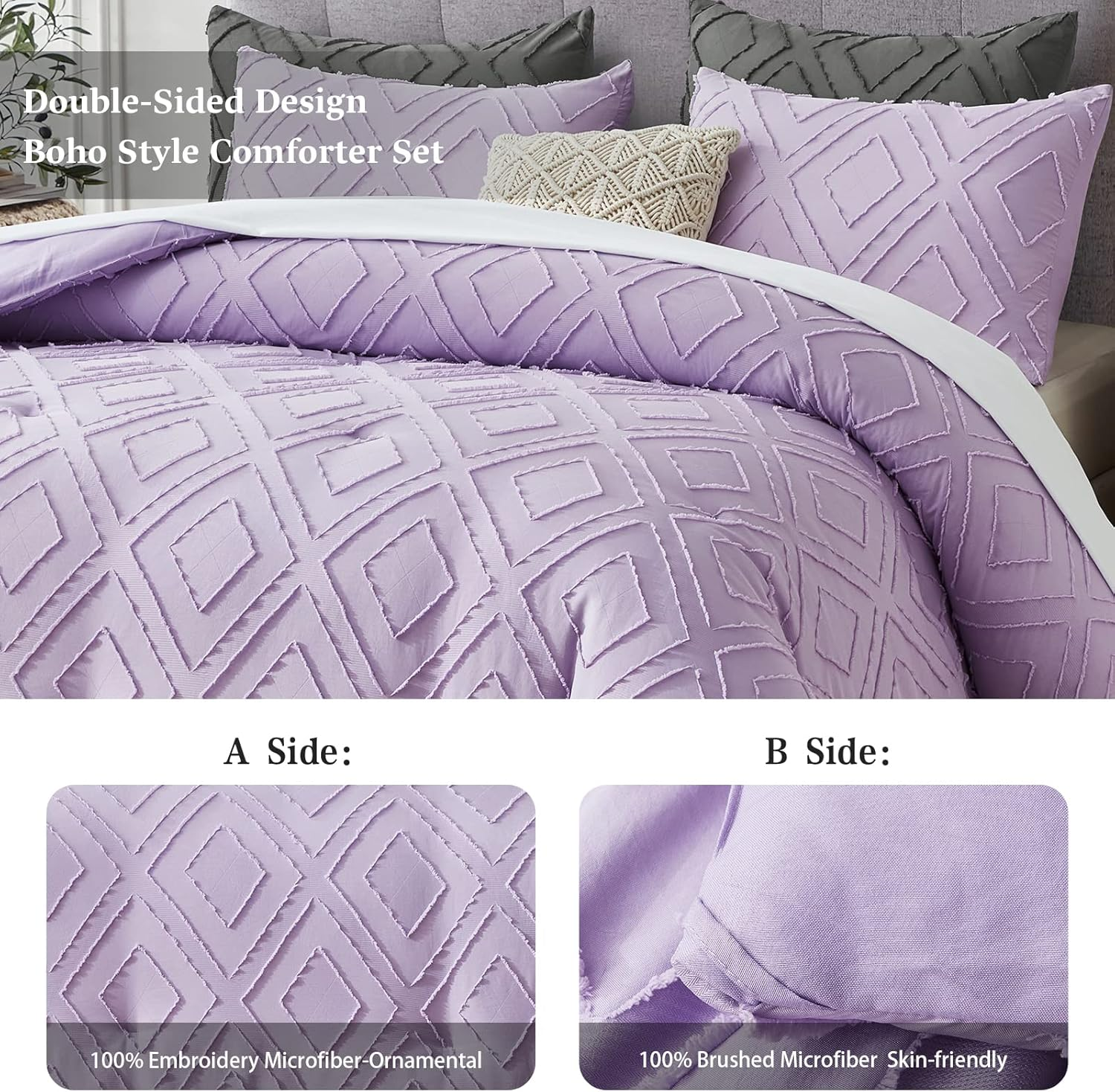 Boho King Comforter Set,Purple Rhombus Tufted King Size Comforter Set with Corner Loops,3 Pieces Embroidery Shabby Chic Bedding Comforter Sets for All Seasons(Purple,King) image number 1