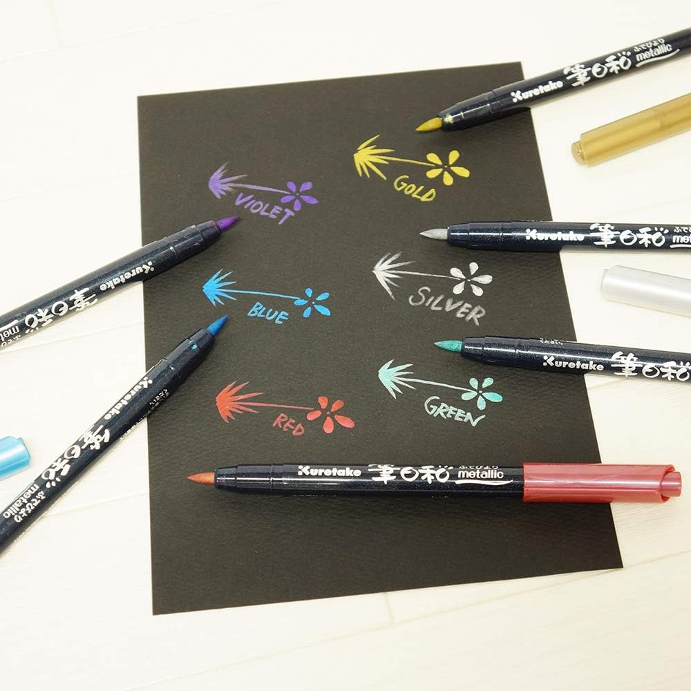 Kuretake Zig FUDEBIYORI Metallic 6 Colors Set, Perfect for Lettering, Illustration on Dark Papers, Art, Calligraphy, Design, Journaling, Non Toxic, Archival Quality, Odourless, Flexible Brush Tip image number 2