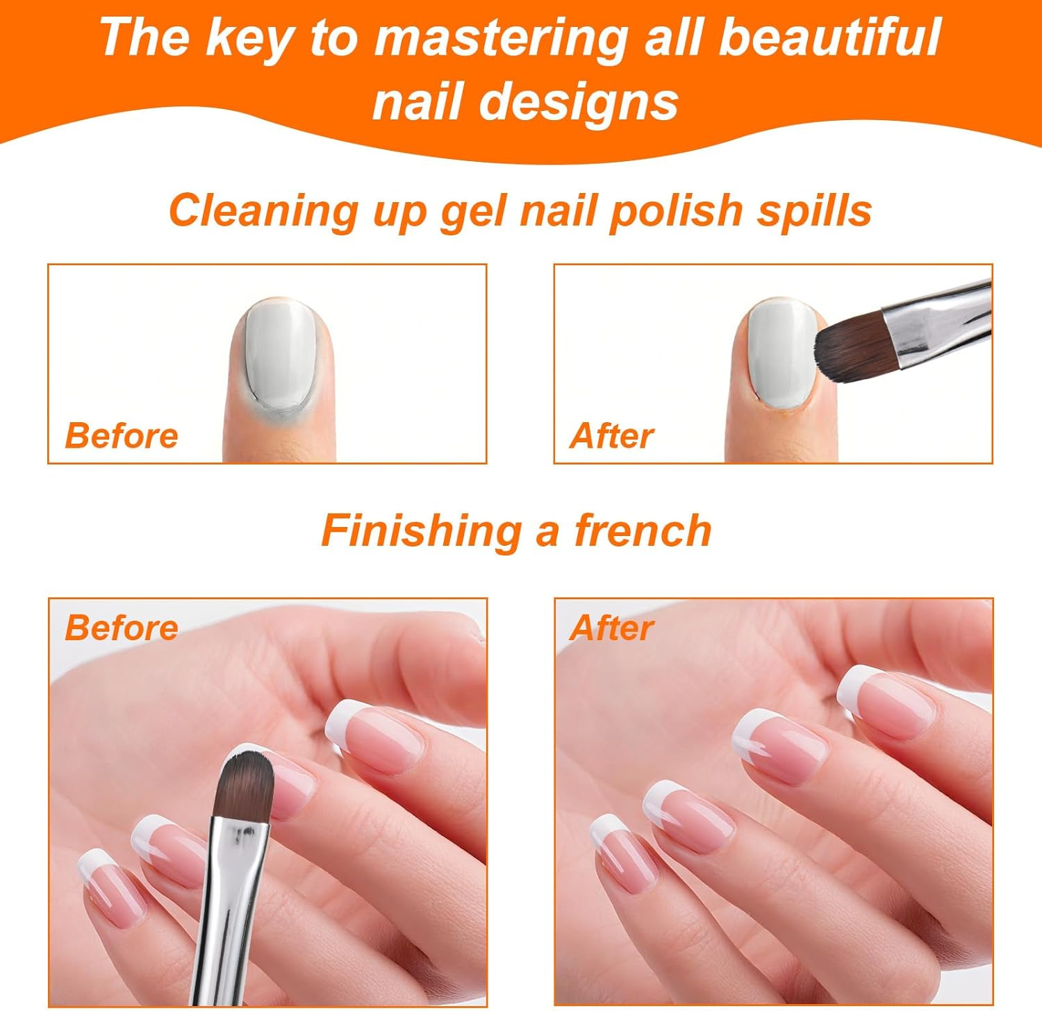 2Pcs French Brush for Nails, French Tip Brush with Wooded Handle Clean up Brushes Gel Nail Polish Nail Design Tools for Professional Manicure DIY Salon Home Use image number 6