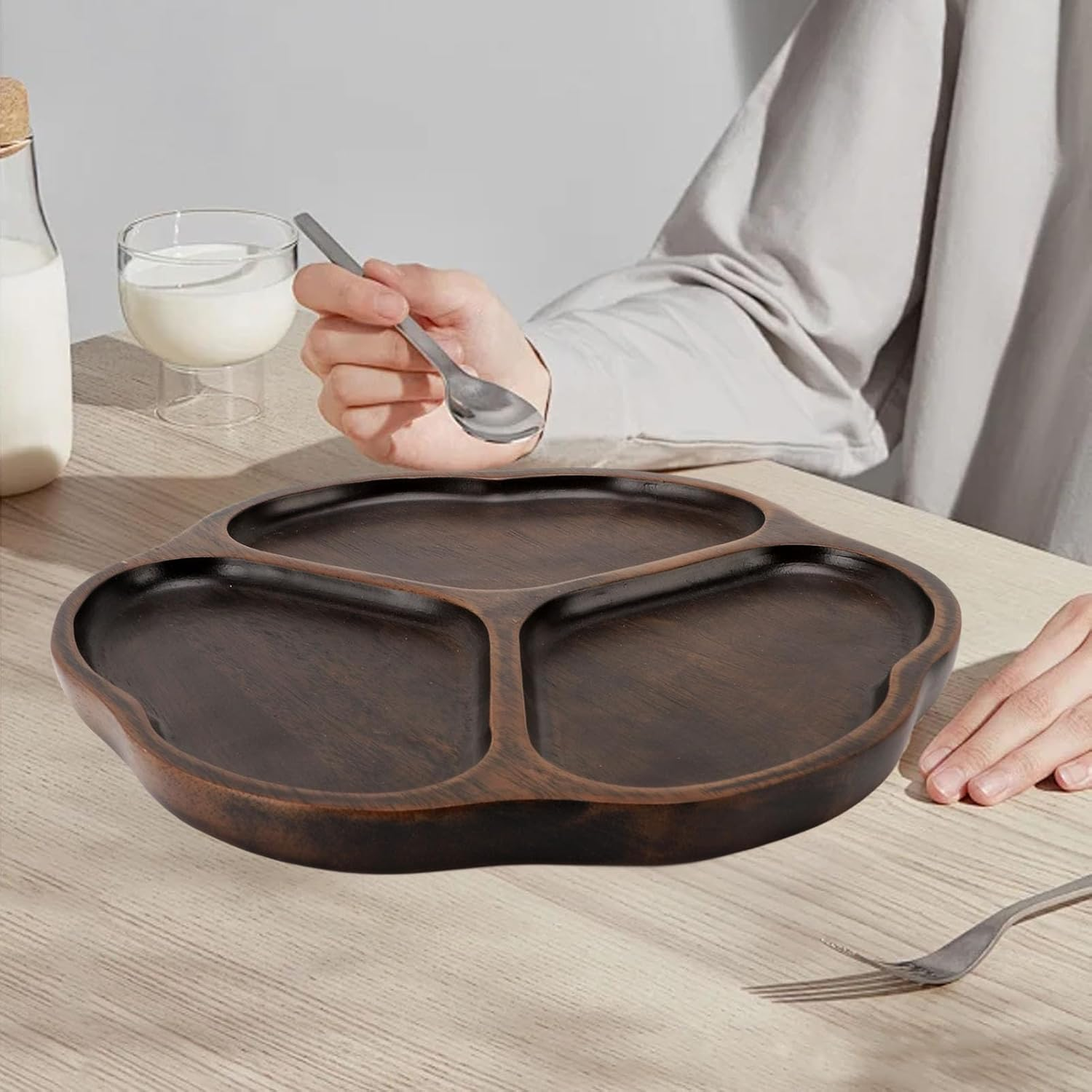 Wooden Chip and Dip Tray, Easy to Cleanup Elegant Home Decor Sectioned Ebony Serving Platter for Appetizers Snacks and Veggies(10.2In) (Style 1) image number 6