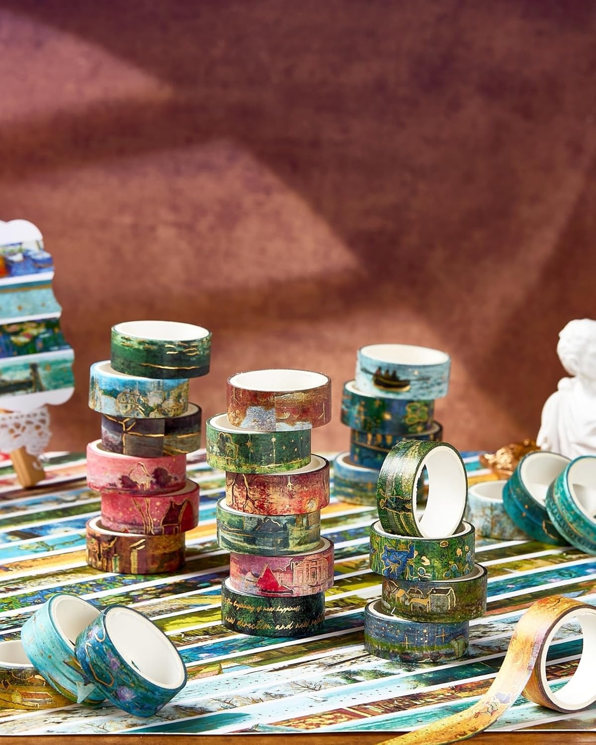 YUBX Landscape Washi Tape Set in Oil Painting Style 20 Rolls Scenery Drawing Masking Gold Foil Graphic Decorative Tapes for Arts, DIY Crafts, Journals, Planners, Scrapbook, Wrapping (Classic) image number 4