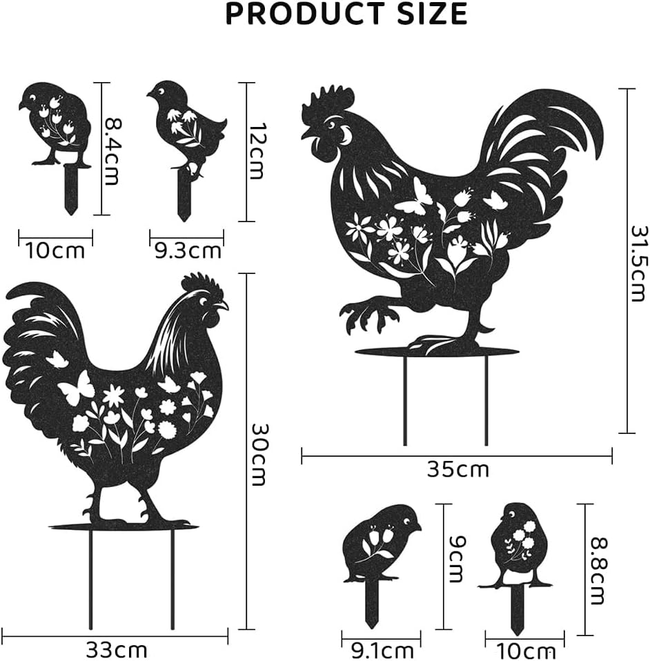 Black Metal Rooster Garden Statues &ndash; 6PCS Chicken Yard Art, Durable Outdoor Decor for Lawn, Patio, and Farmhouse. Lifelike Hen and Rooster Silhouette Stakes image number 6