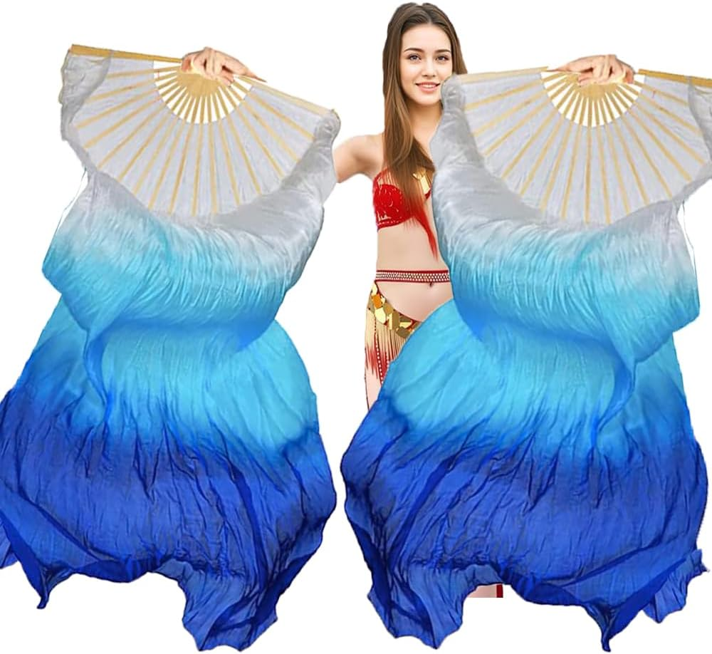 TMZAQH Women 1 Pair (Left+Right) Silk Belly Dance Fans Veil Belly Dancing Long Folding Fans Length 150 Cm Width 90 Cm image number 2