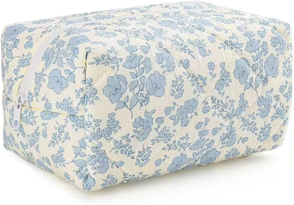Floral Quilted Makeup Bag - Cosmetic and Skincare Product Pouch, Fashionable Travel Puffy Coquette Makeup Bag, Small Cute Attractive Blue