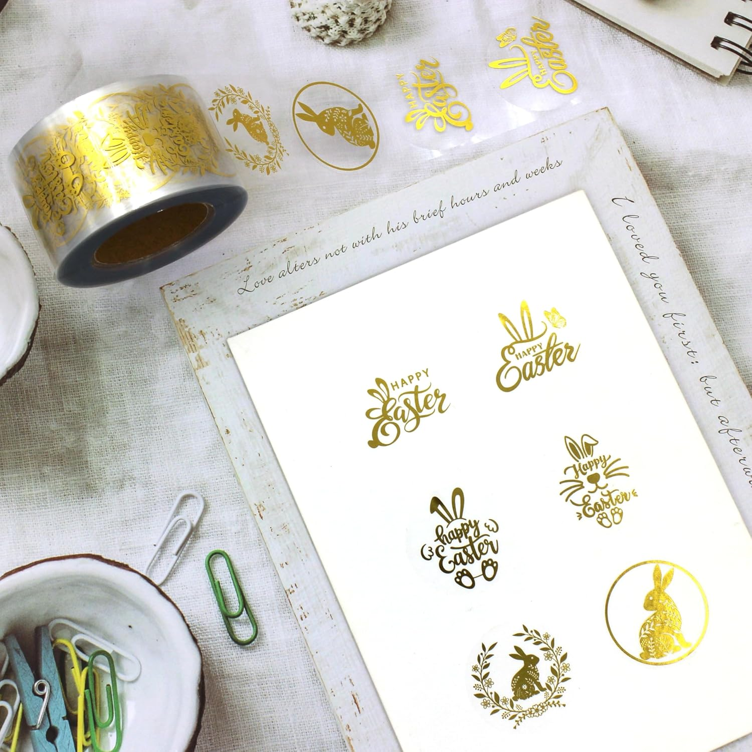 Masper 1.5 Inches/600 Easter Stickers, 6 Clear Gold Foil Designs Happy Easter Stickers, Decorative Easter Basket Stuffers for Kids, Easter Egg Stickers Bunny Stickers for Baskets Eggs Cards Crafts image number 4