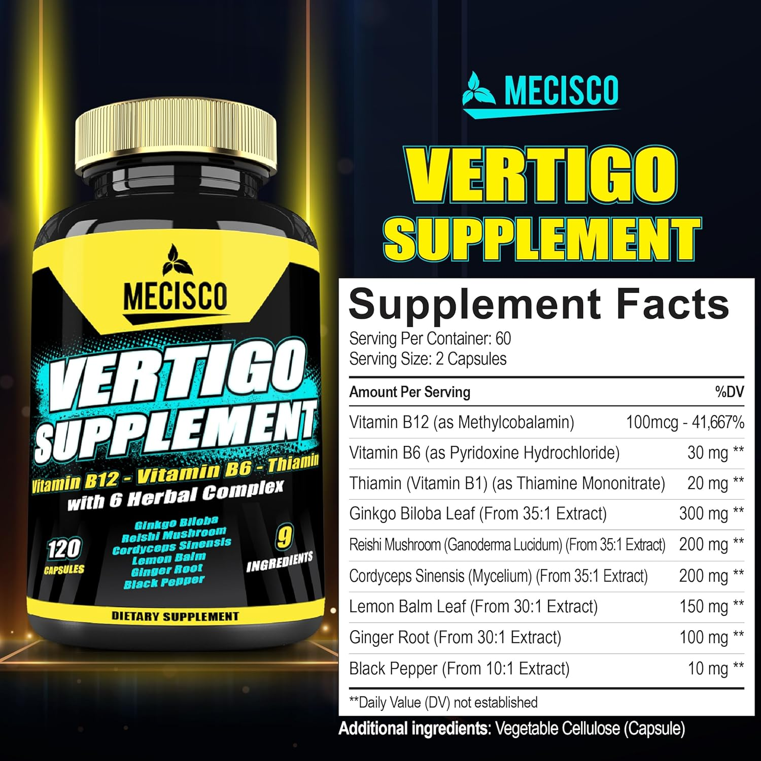 9In1 Vertigo Supplement - Added Vitamin B1, Vitamin B6, Vitamin B12, Ginkgo Biloba, Reishi Mushroom, Cordyceps Sinensis & More - 120 Capsules image number 5