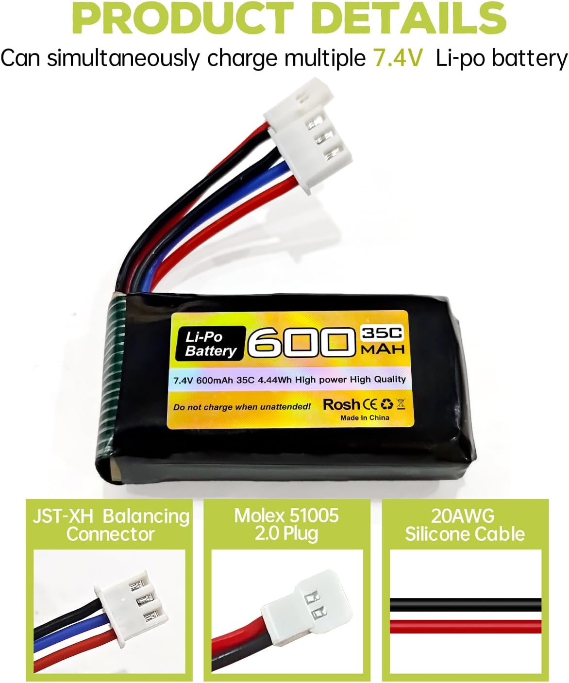 Fytoo 2PC 7.4V 600Mah 35C 2S Lipo Battery with Molex Plug and 1Trailer2 Charger Suitable for FMS FCX24 RC Cars, Trucks, Remote Control Electric Climbing Vehicles FCX24 Batteries image number 5