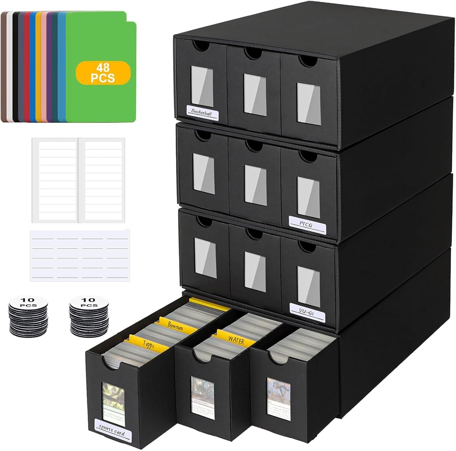 Trading Card Storage Box,12000+ Commander Display, Cards Deck Box Cardboard with 48 Dividers, Labels & Tapes, Trading Card Collection Box Fit for TCG, PTCG, MTG and Sport (12-600 CT Boxes) image number 5