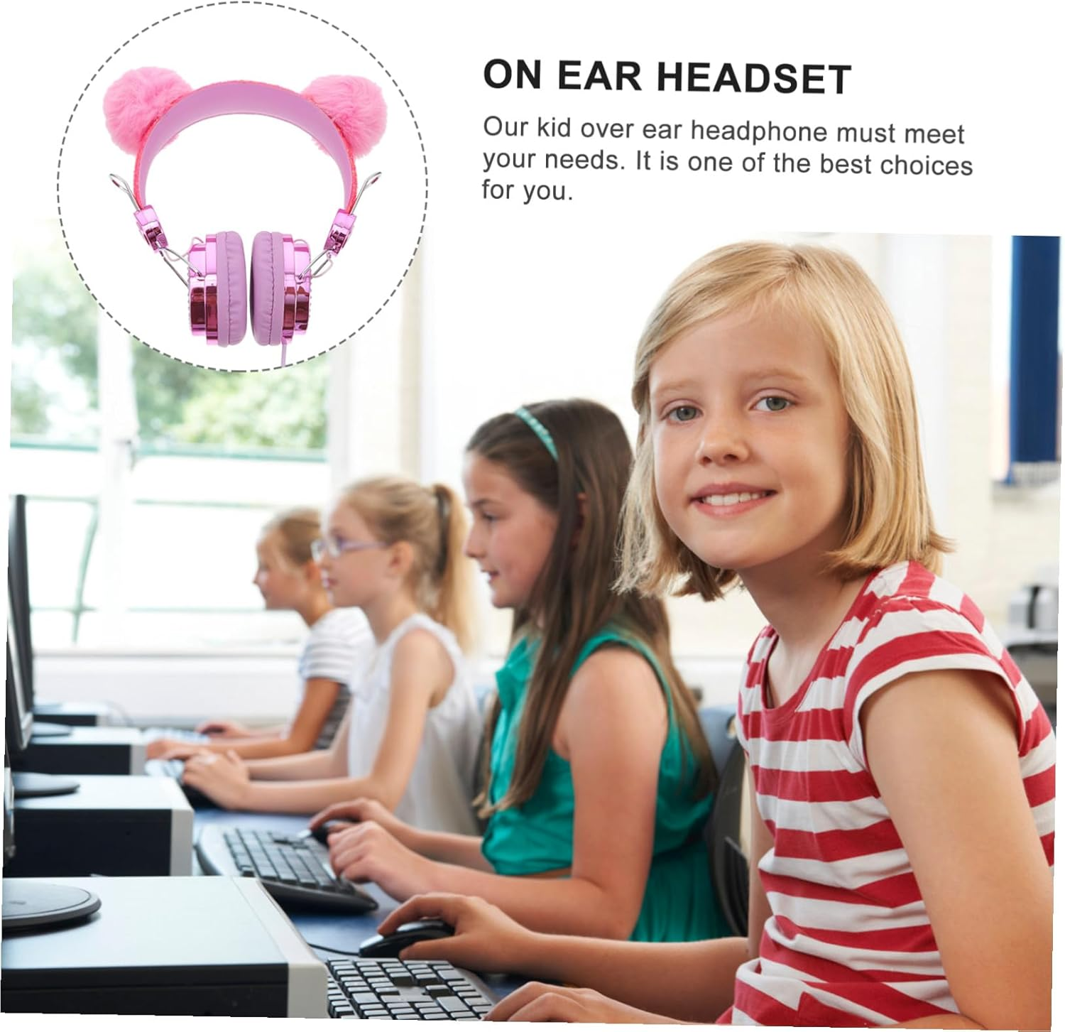 COHEALI Kids over Ear Headphones with Microphone Rhinestone Glitter Furry Ball Wired Headset for Children Pink Fuzzy Earphones Suitable for Online Study and Gaming Random Color image number 2