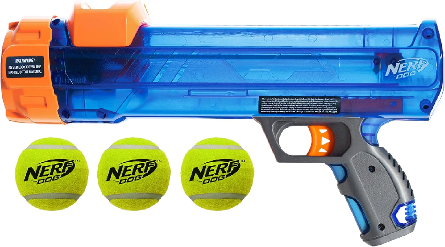 Nerf Dog Tennis Ball Blaster Dog Toy, 12 in Translucent Blaster with 3 Balls image number 2