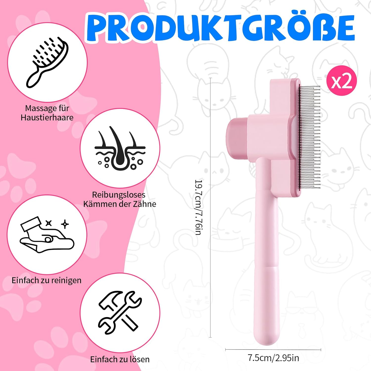 Pein Pack of 2 Cat Brush, Flea Comb Dogs and Fur Flash Brush Cat, Pet Combs with Release Button, Self-Cleaning Flea Comb for Dogs Cats, for Removing Hair and Knots image number 1