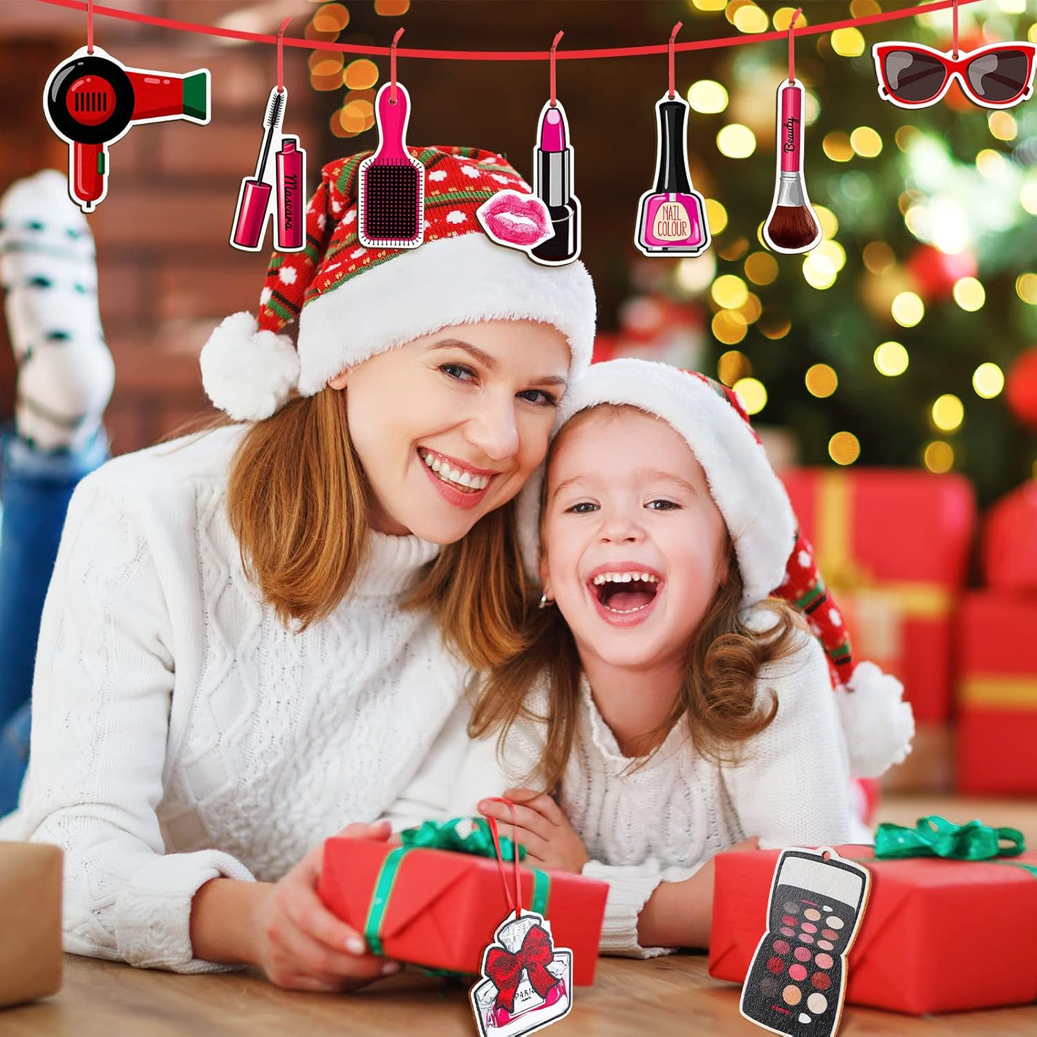 Blulu 12 Pieces Christmas Makeup Ornaments Wooden High Heels and Lipsticks Hair Salon Ornament for Christmas Tree Hanging Decor (Beauty Style) image number 6