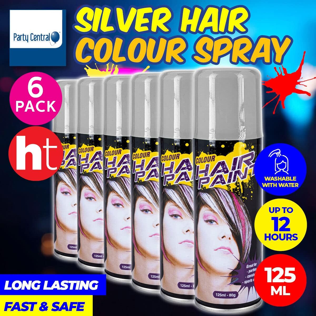 Party Central Non-Sticky Fluro Colour Hair Spray 125 Ml, Silver image number 5