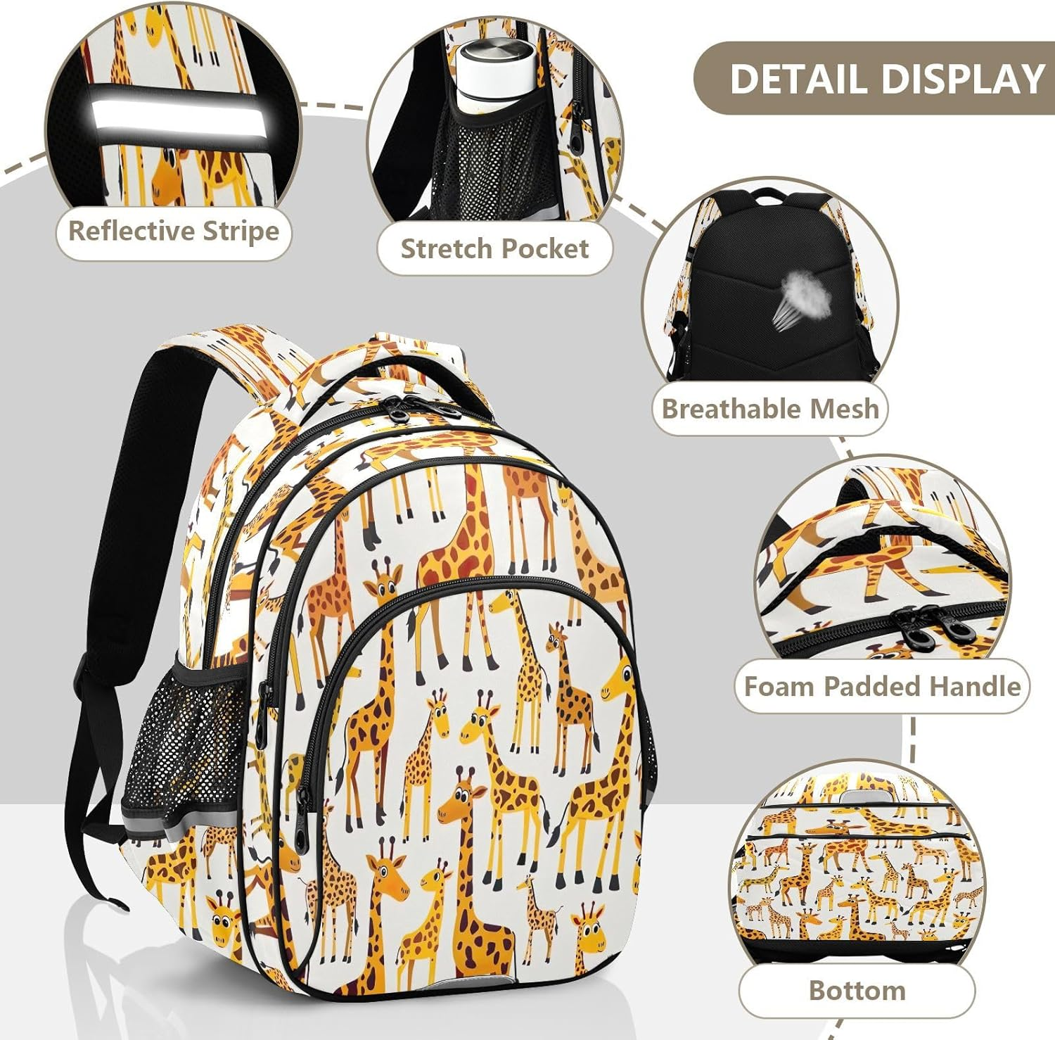 RPLIFE 15 Inch Kids Backpack for School, Playful Giraffes White Lightweight Backpack for Kids