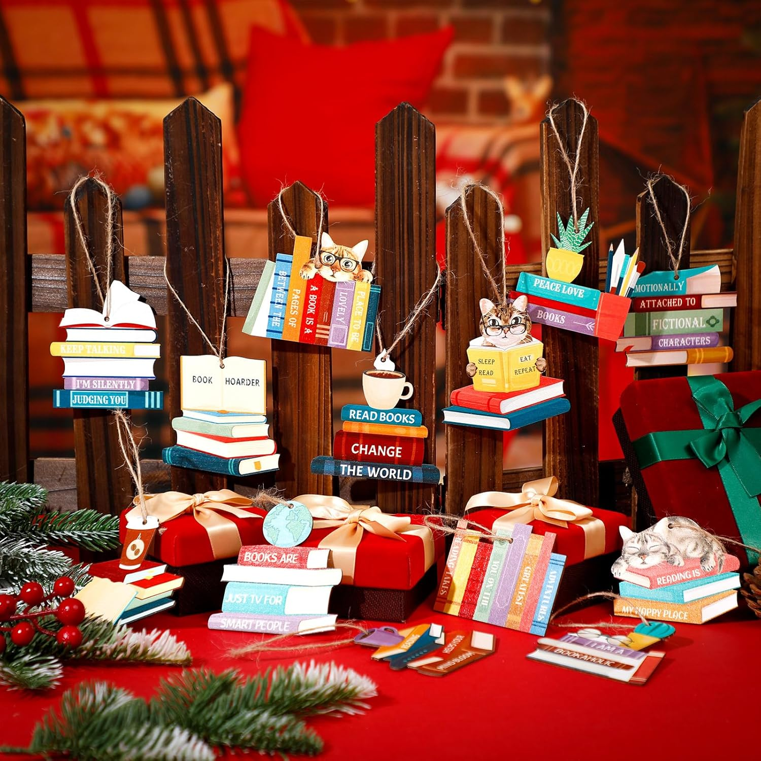 Beeveer 26 Pcs Wooden Book Ornaments Book Lovers Gifts for Women Hanging Wooden Decor for Bookish Valentine'S Day Ornaments Gifts for Librarian Bookish Club