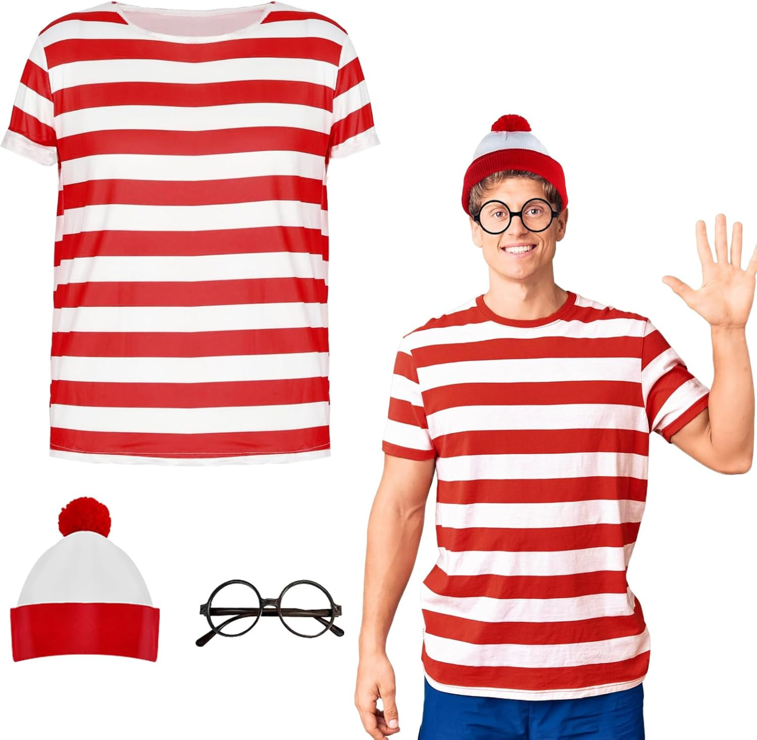 Wally Costume Cosplay Accessories Set with Red and White Striped T-Shirt, Beanie Hat, Black Nerd Glasses Fancy Dress for Adult, Kids World Book Day, Halloween，School Dress up Day image number 3