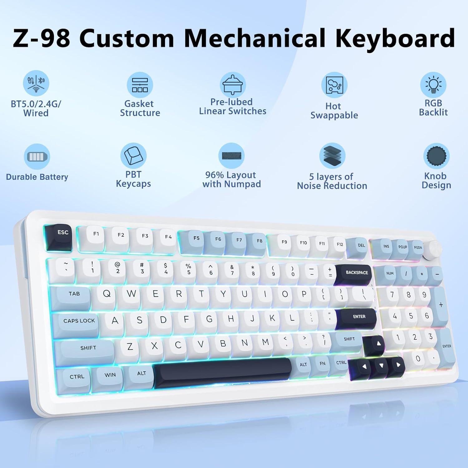 Z-98 Wireless Mechanical Keyboard, Creamy Sound, Hot Swappable Pre-Lubed Linear Switches, Gasket Structure with Sound Dampening Foam, RGB Backlit, 99 Keys Custom Gaming Keyboard for Pc/Mac,Blue image number 4