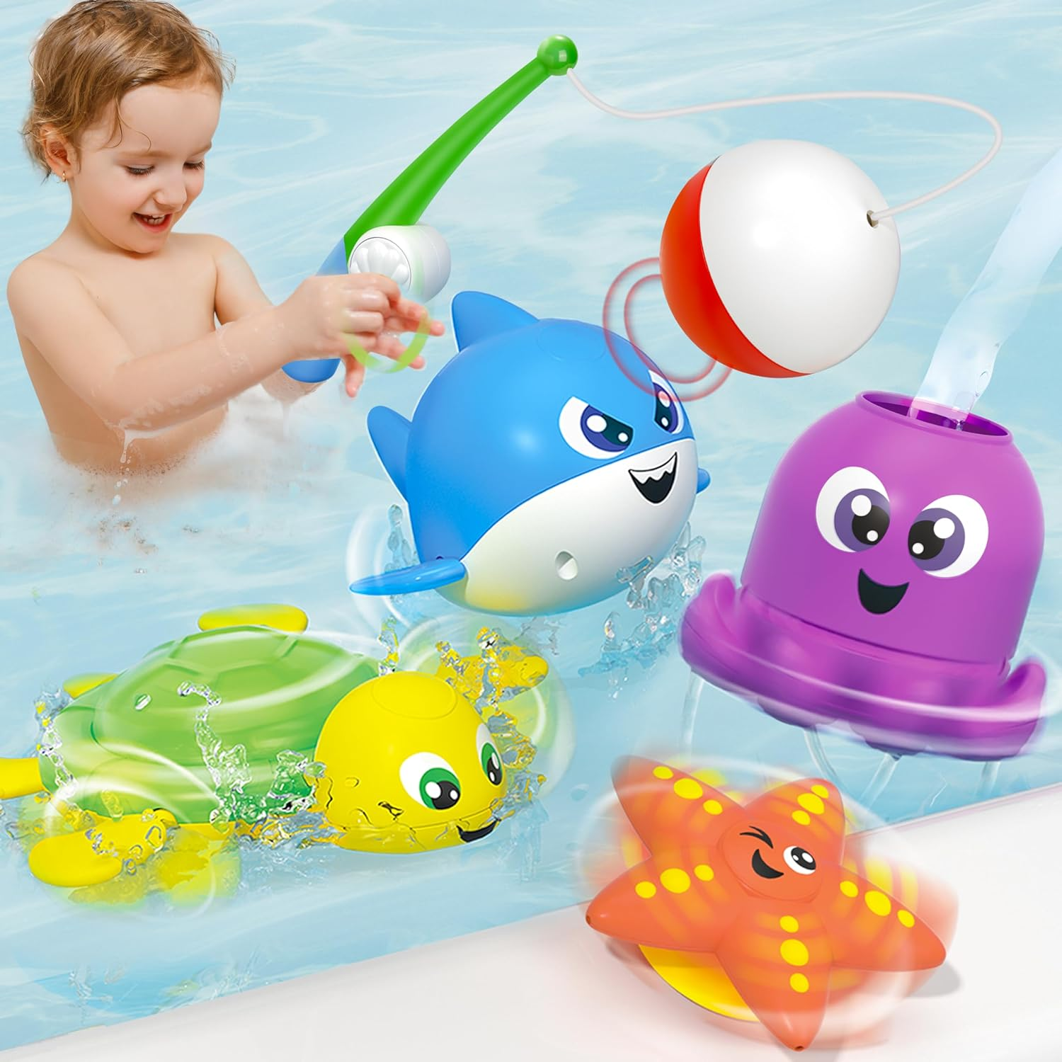 JOYIN Bath Fishing Toy Set for Toddlers - Magnetic Toy with Fishing Rod, Spinning Octopus and Starfish, Wind-Up Shark and Turtle - Sensory Development for Infants image number 3