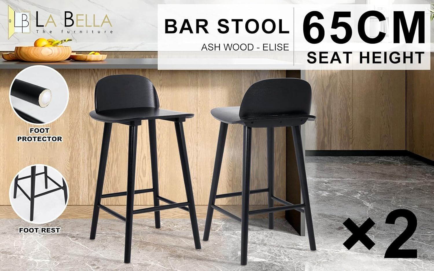 La Bella Elise Ash Wood Bar Stool Set of 2 &ndash; 65Cm Seat Height, Scandinavian Design, Wide Curved Backrest, Natural Finish, Fully Assembled, for Kitchen Island or Caf&eacute; image number 3