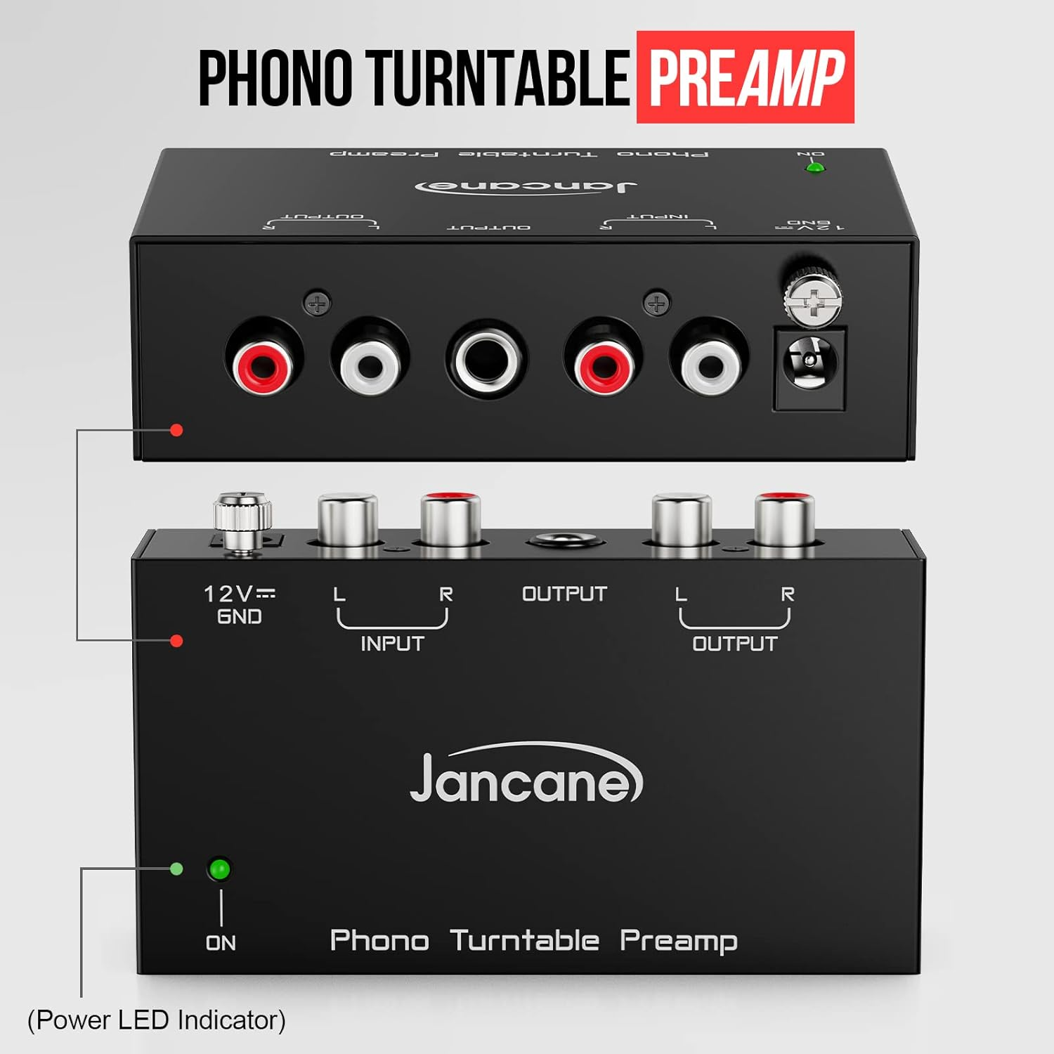 Jancane Phono Preamp for Turntable- Mini Electronic Audio Stereo Phonograph Preamplifier with RCA Input, RCA/TRS Output, Low Noise Operation, with 12 Volt DC Adapter
