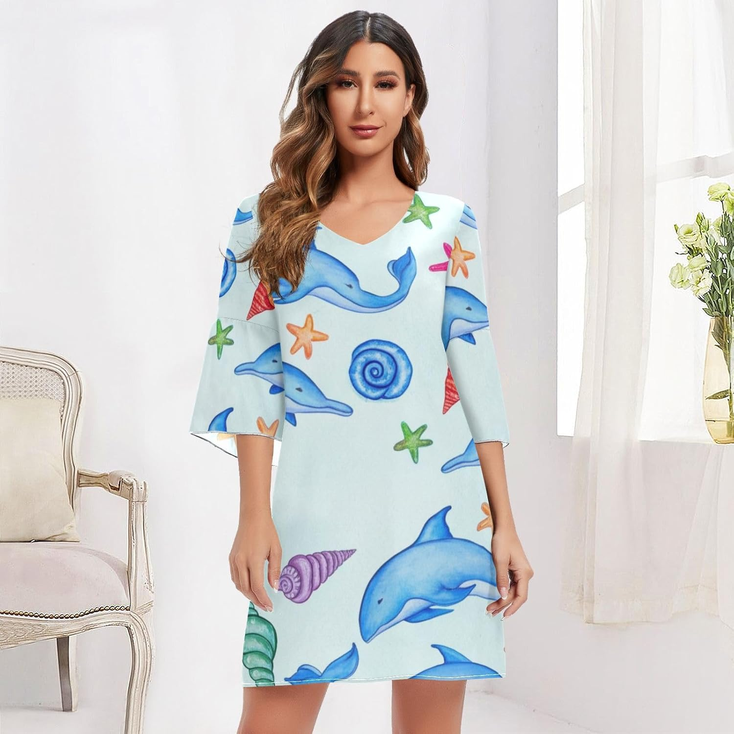 Cute Blue Dolphins V Line Dress Printed Line Maternity Dress S-XXL image number 2