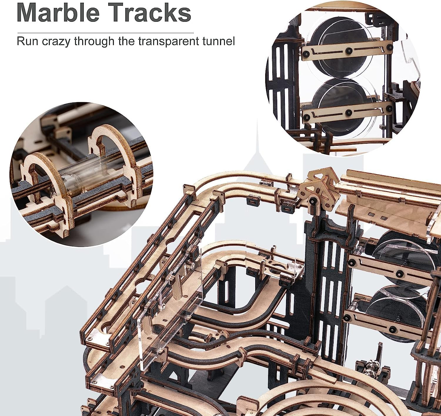 ROKR Marble Run 3D Wooden Puzzles Large Mechanical Model Kits for Adults Construction Set Gifts for Teens/Family (Marble Night City) image number 6