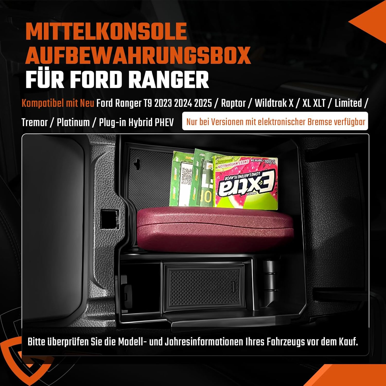 Centre Console Storage Box Compatible with Ford Ranger T9 2023 2024 Raptor Wildtrak XLT Armrest Organiser Tray Glove Box Ranger 2023 Accessories (Electronic Brake) image number 4
