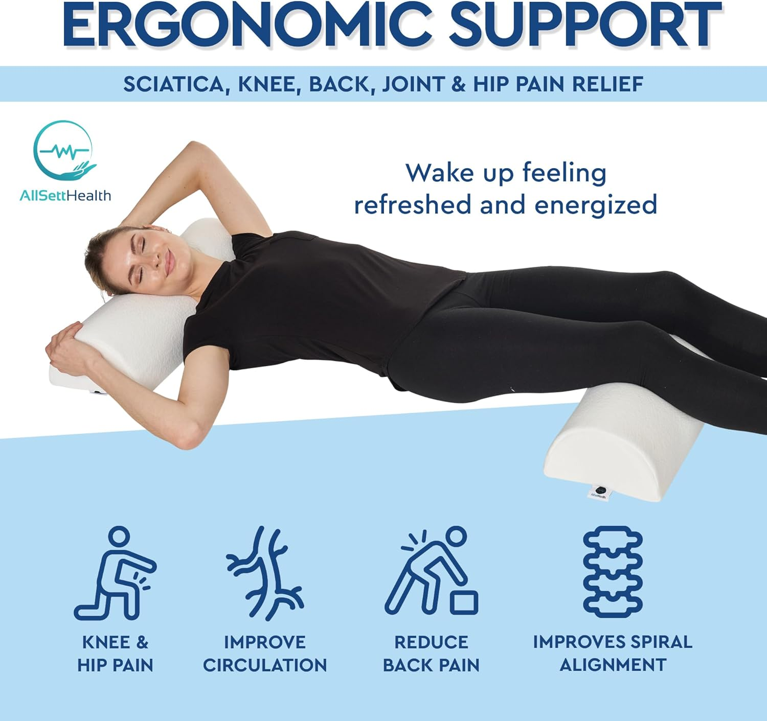 Allsett Health Half Moon Bolster Pillow for Legs, Back and Head (2 Pack) Semi Roll for Ankle and Foot Comfort with White Cotton Machine Washable Cover | Premium Memory Foam | 2 Pillow System image number 3