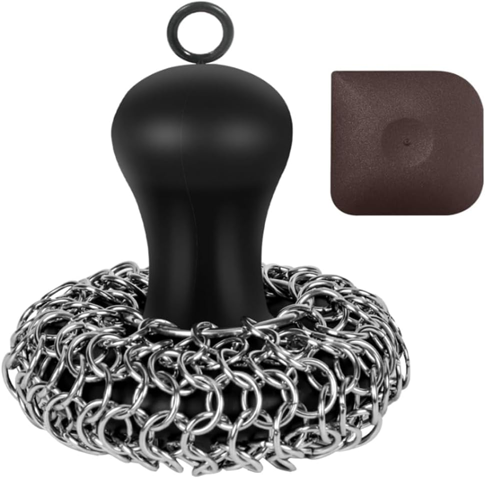 Cast Iron Cleaner Upgraded Handle Cast Iron Scrubber Brush Stainless Steel 316 Chain Mail Scrubber image number 4