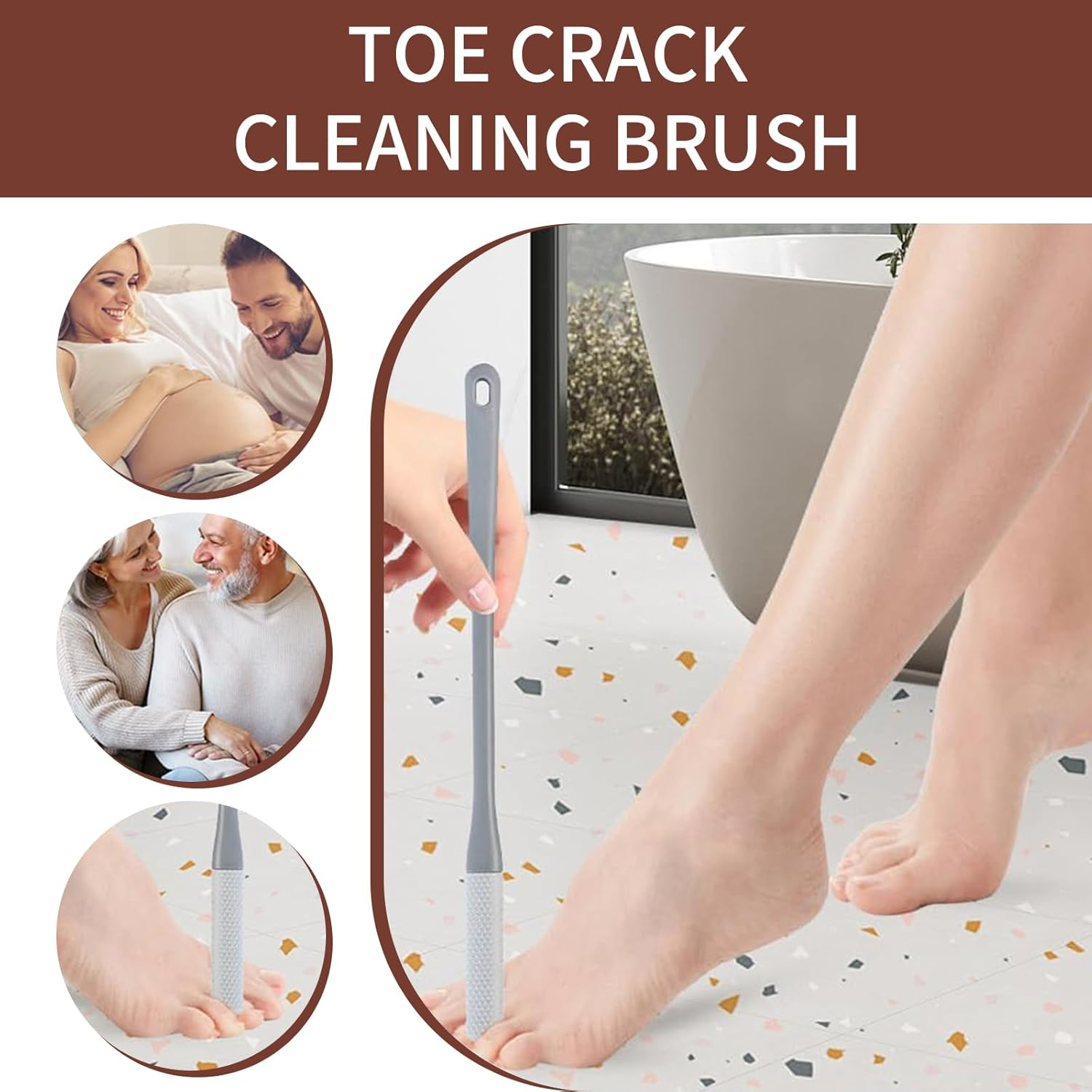 Toe Gap Cleaning Brush, Long Handled Silicone Toe Cleaner Toes Crevice Soft Rubber Brush,Exfoliating Brush Foot Scrubber for Shower for Seniors,Elderly, Men and Women (Gray) - Pink+Grey image number 6
