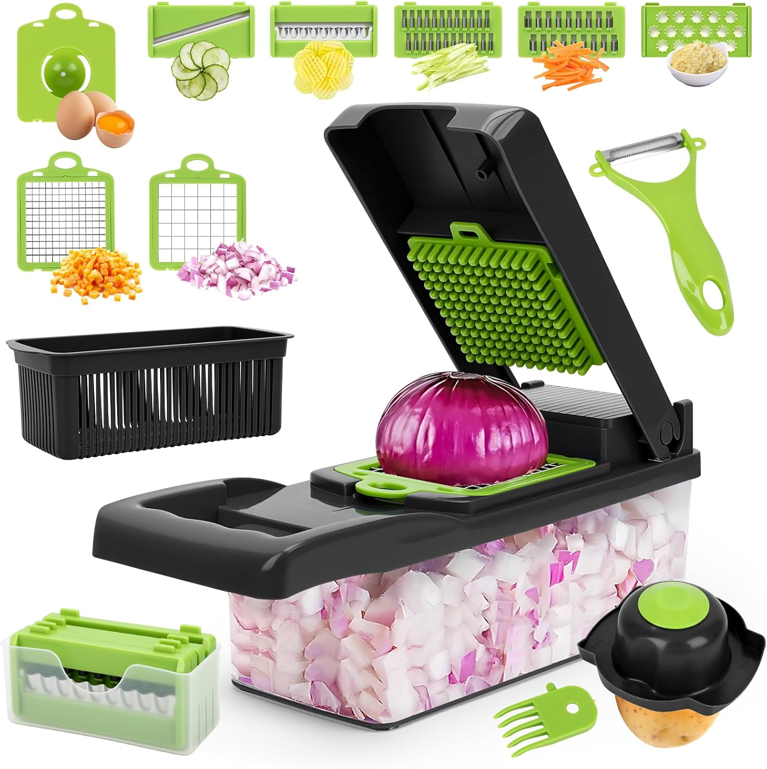 WODHMIEY Vegetable Chopper Cutter Slicer, 14-In-1 Multifunctional Food Veggie Onion Potato Fruit Dicer with Container, Cheese Grater, 8 Interchangable Blades, Kitchen Tools Gadgets