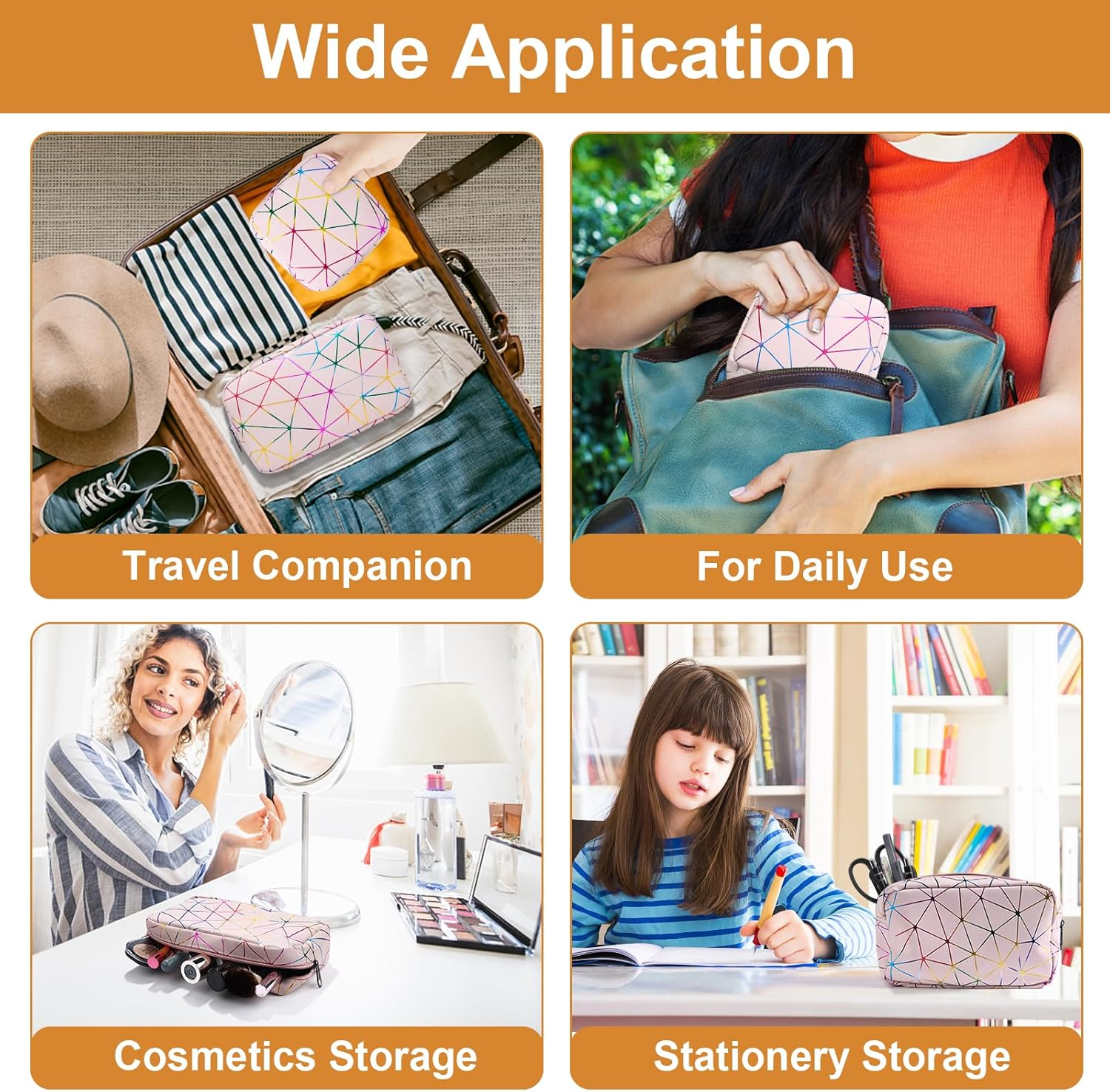 Desing Wish 2 PCS PU Leather Makeup Bag Large Capacity Cosmetic Bag Travel Make up Bag Large & Small Size Makeup Pouch Organizer for Travel (White) image number 4