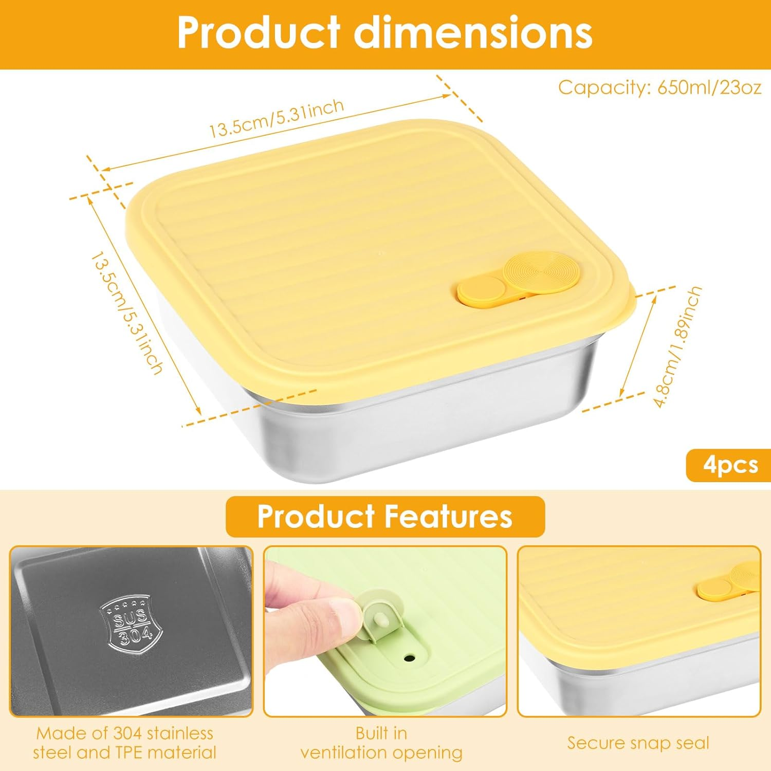 Rdjeokf 4 Pcs Sandwich Containers, Stainless Steel Bento Lunch Box with Airtight Lid, Leakproof Sandwich Box, 21 Ounce Food Storage Containers for Kitchen, Fridge, Travel (01) - 02 image number 4