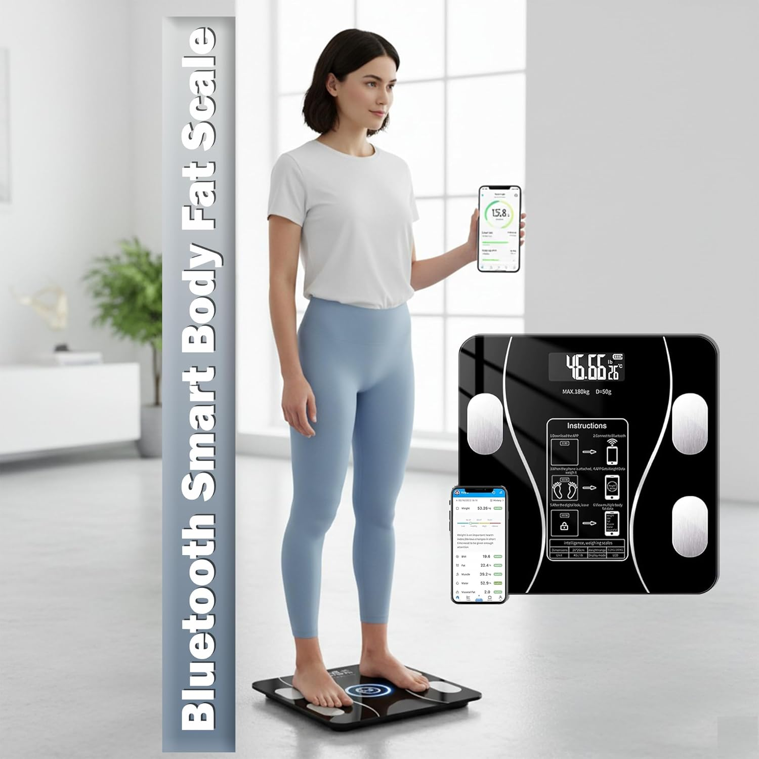 Bluetooth Smart Body Fat Scale &ndash; Digital Bathroom Scale with USB Recharge, Tempered Glass & Large LED Display &ndash; Slim Fitness Scale for Weight Tracking, Health Monitoring & Home Use &ndash; Black image number 1