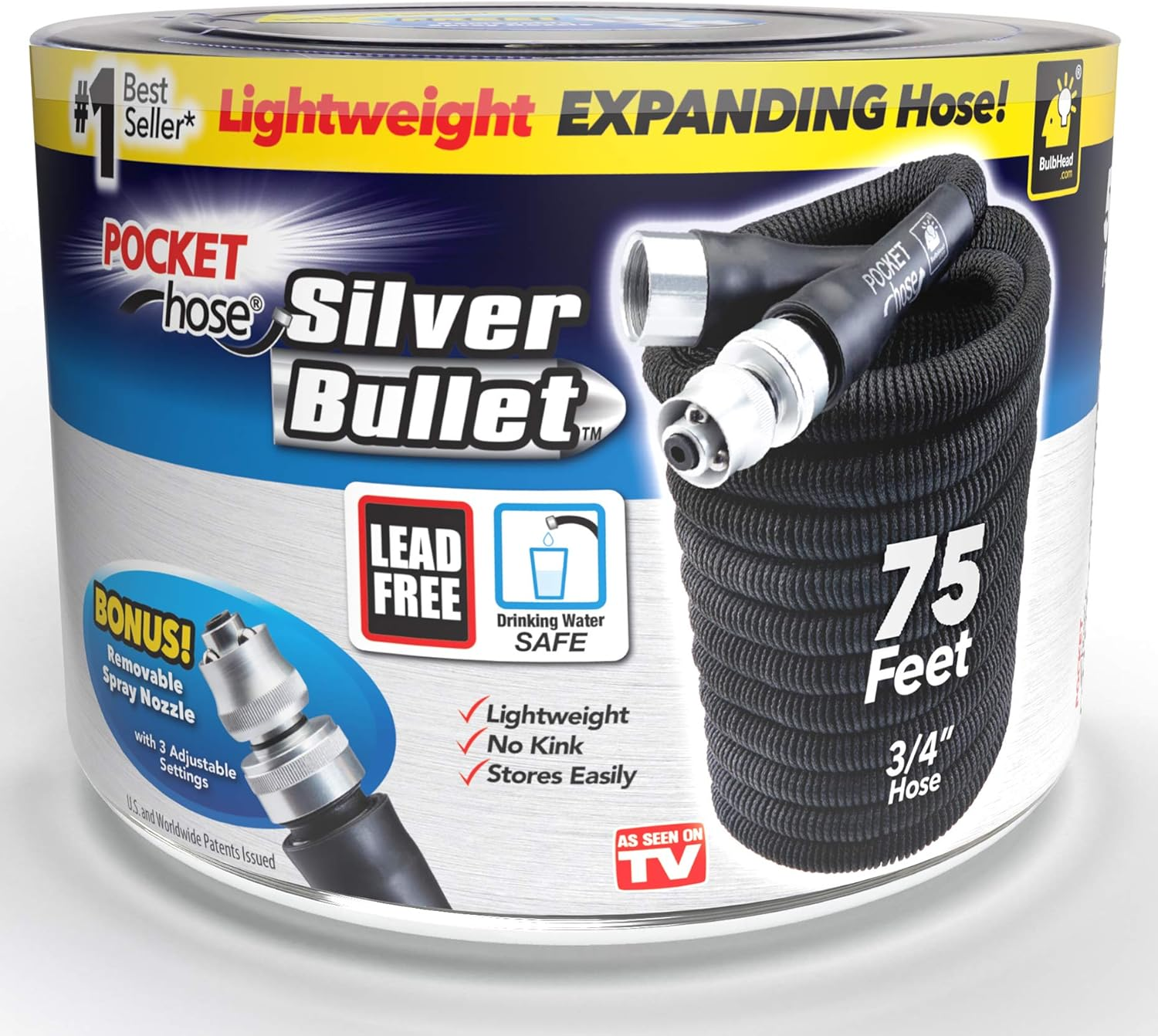 Bulbhead Pocket Hose Original Silver Bullet (75 Ft) Lightweight Water Hose by - Expandable Garden Hose That Grows with Lead-Free Connectors - Safe Drinking Water Hose &ndash; Kink-Resistant, Black