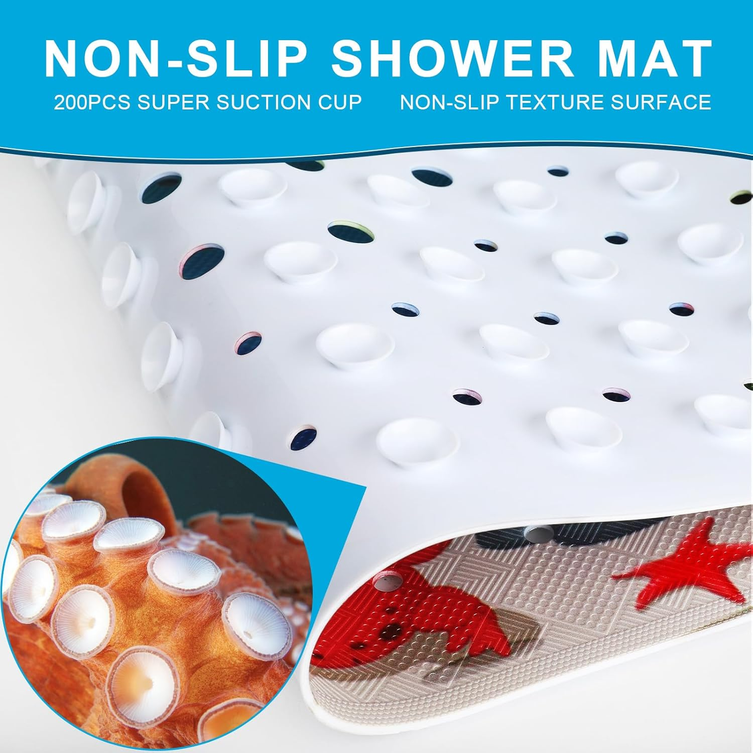 XIYUNTE Baby Bath Mat Non Slip anti Mould, 100X40Cm Extra Long Bathtub Mat anti Slip Shower Mat with Suction Cups and Drain Holes, Cartoon Patterned for Kids, Machine Washable, Sea Turtle