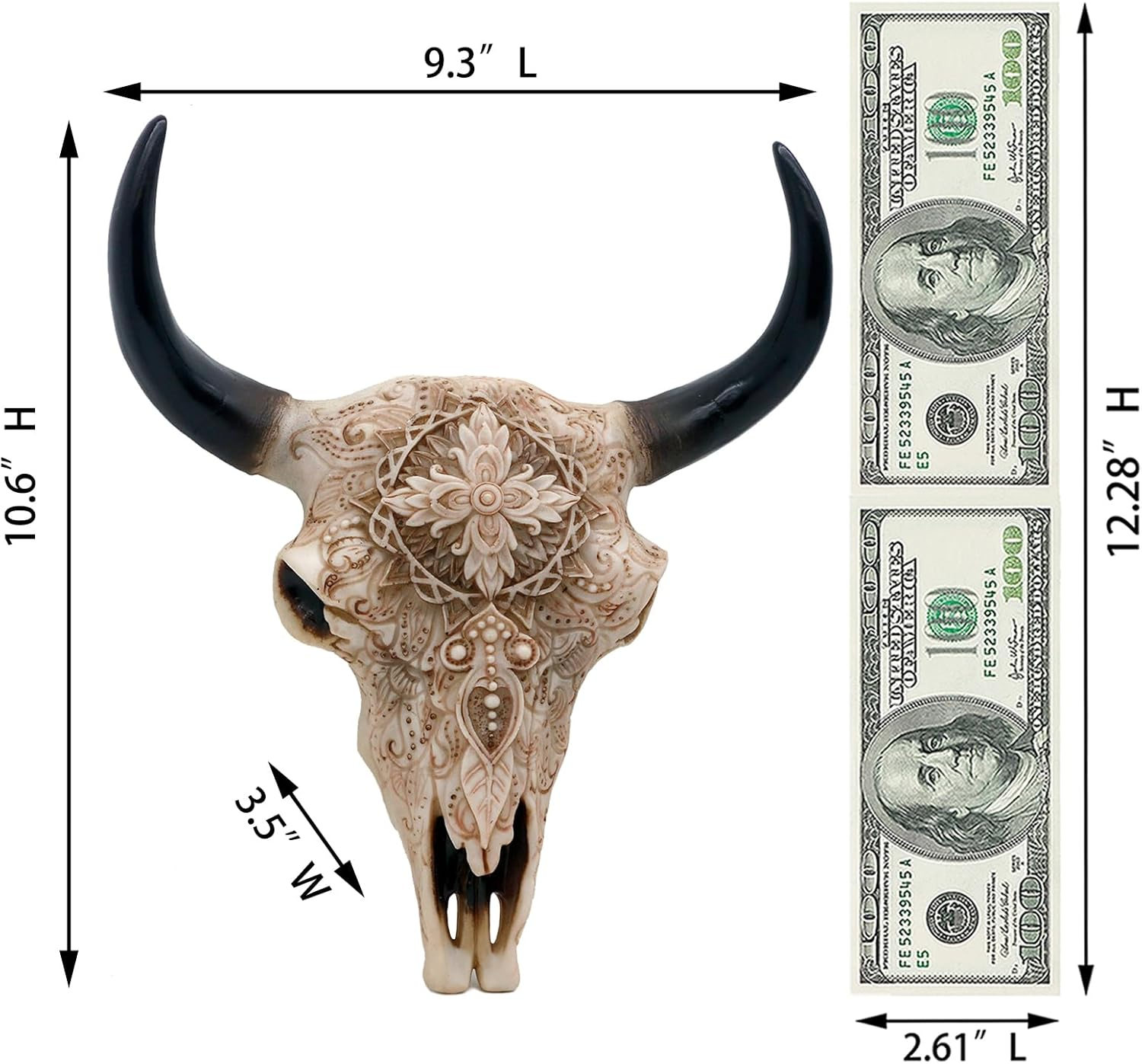 Boho Cow Skull Wall Decor - 9.3&rdquo; L Faux Bull Skull Wall Handing Resin Animal Steer Head Ornament Western Bohemia Room Ideas Decorations image number 5