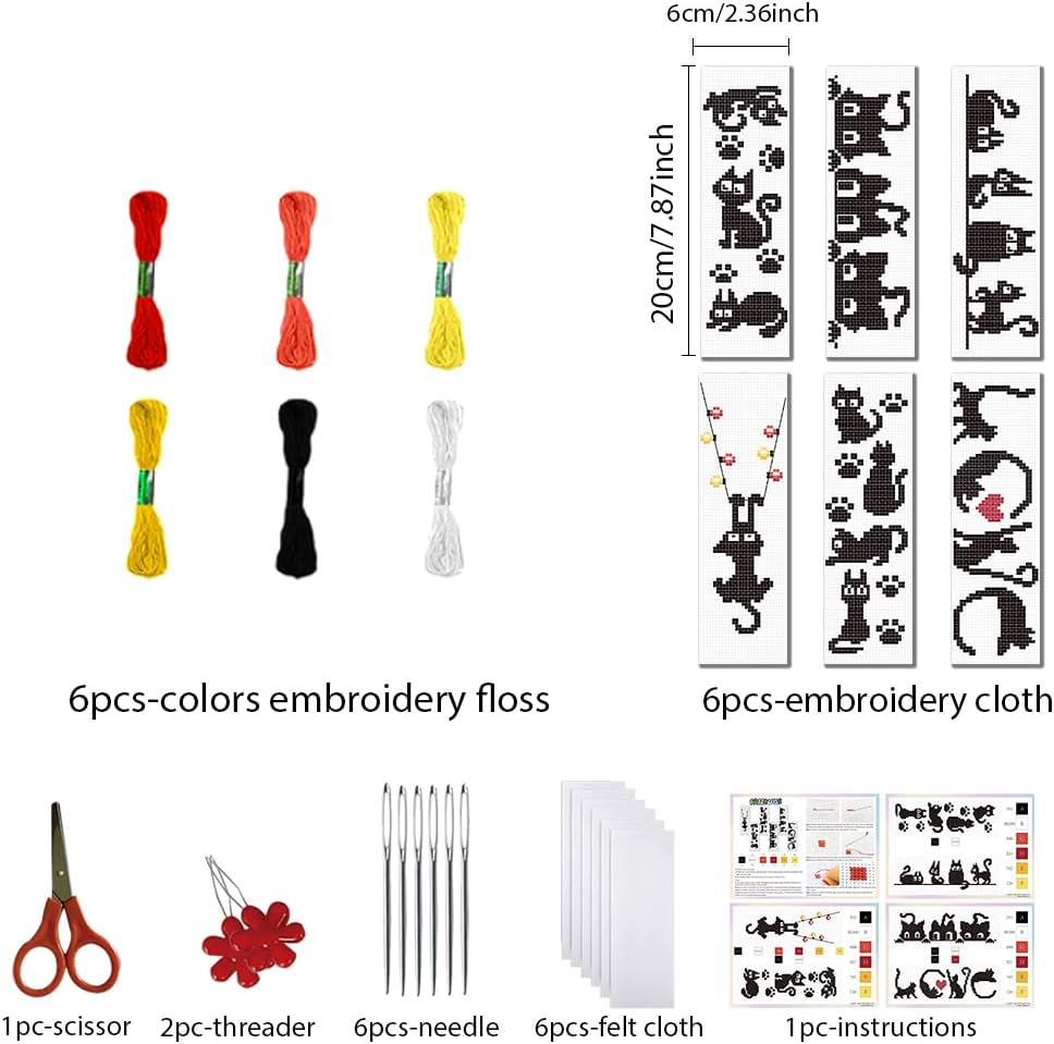 FREEBLOSS 6 Set Cross Stitch Bookmark Kit Stamped Cross Stitch Kit Black Cat Embroidery Set with Instruction for Adults 6X20Cm