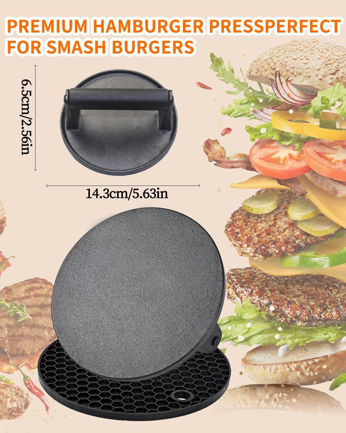 Premium Cast Iron Burger Press, Includes 100 Patty Papers, 14.5 Cm Silicone Heat Pad, Skillet with Ebony Handle Burger Grinder, Perfect Burger Press, Meat Press, Bacon Press, Sandwich Press image number 4